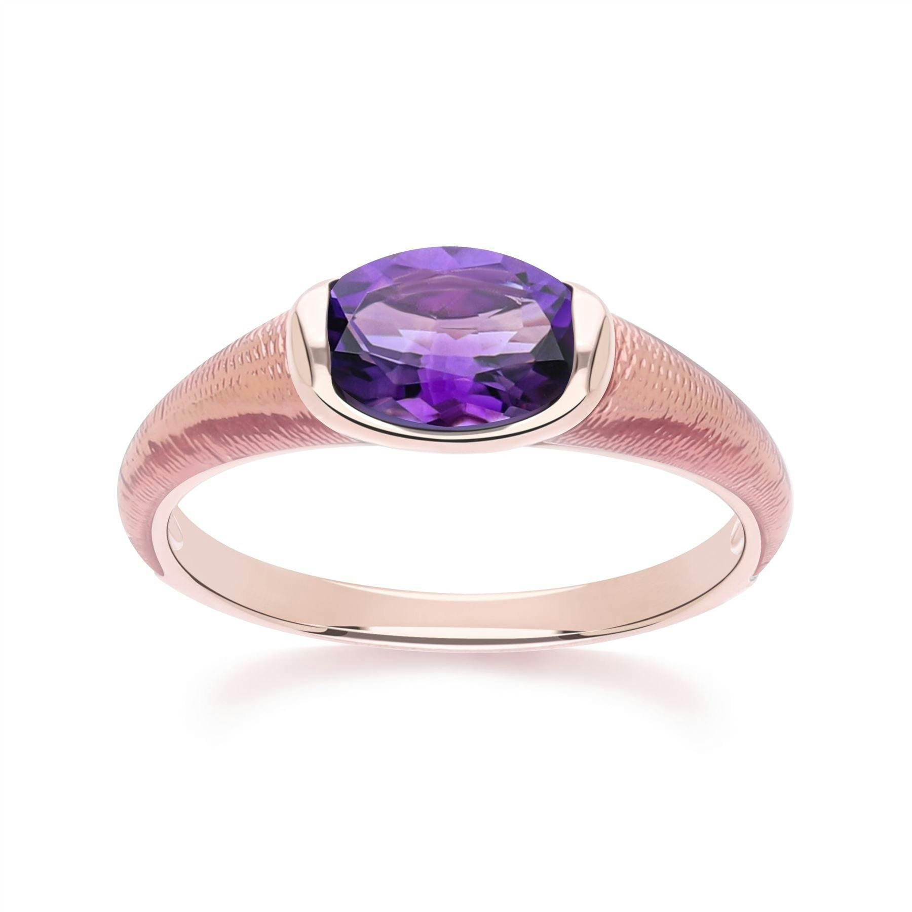 Gemondo Gold/Silver Siberian Waltz Oval Amethyst With Violet Enamelled Half-Bezel Ring In Rose Vermeil Sterling - L