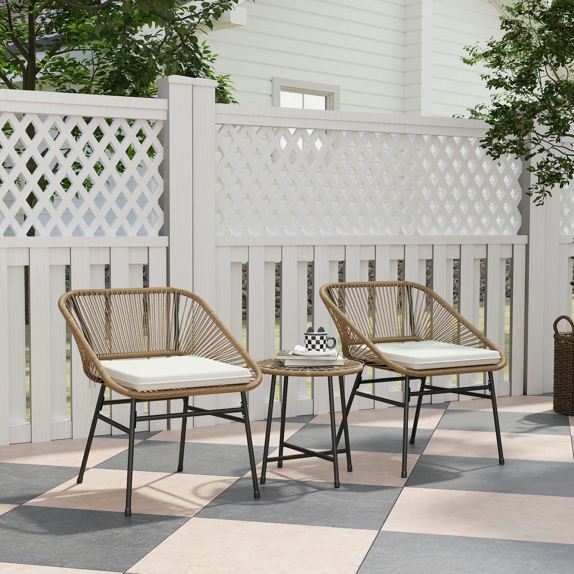 Rackhams Light/Grey Rattan Bistro Set, Small Balcony Furniture With Cushion,