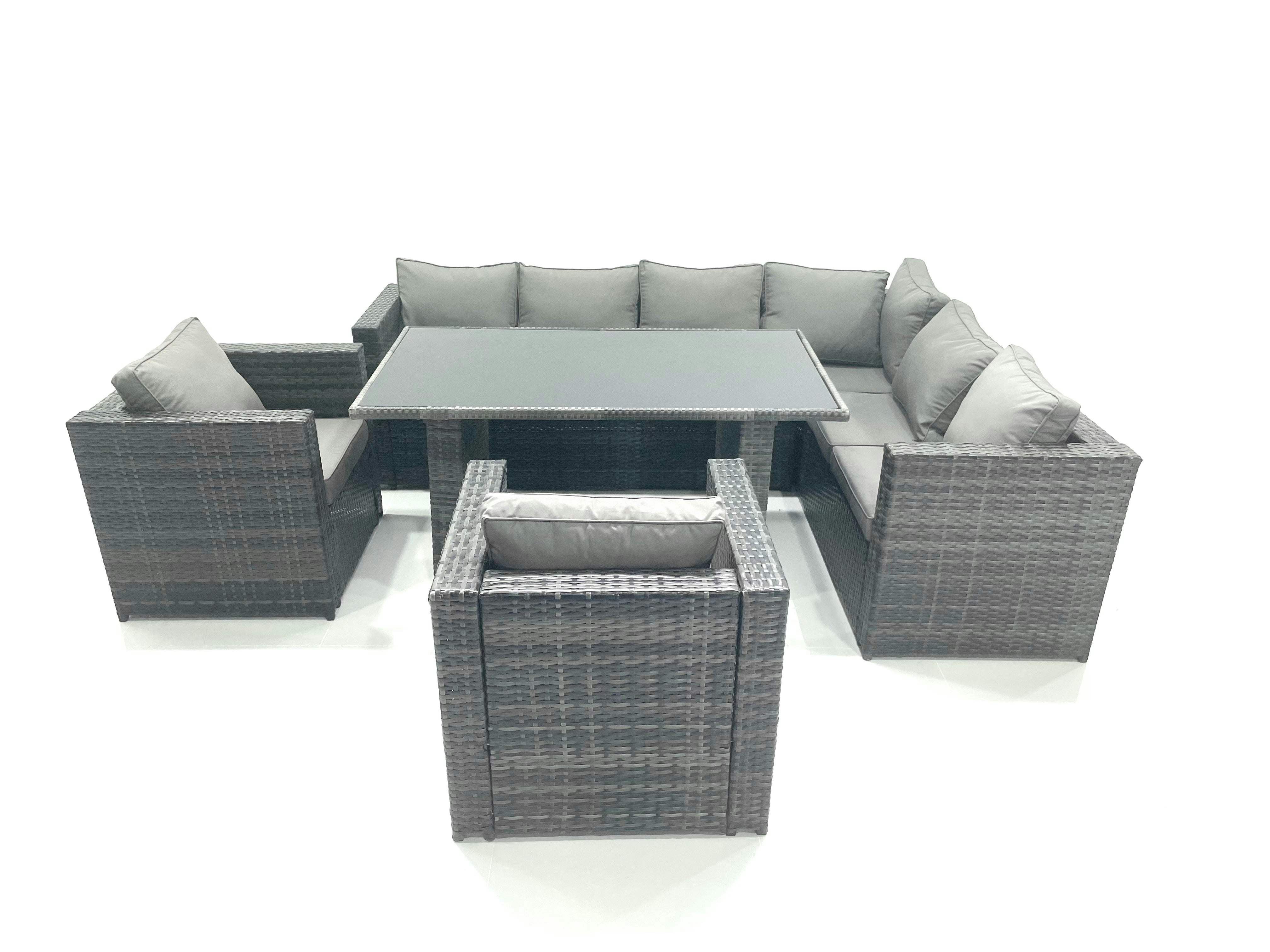 Rackhams Dark/Grey Outdoor Lounge Rattan Corner Sofa Set Garden Furniture Rectangular Dining Table Chair