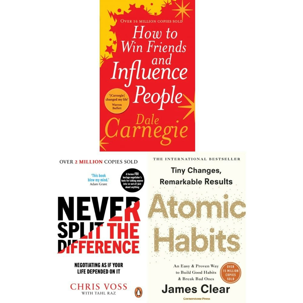 Various Publishers Never Split The Difference, How To Win Friends And Influence People, Atomic Habits Book Set Size 3