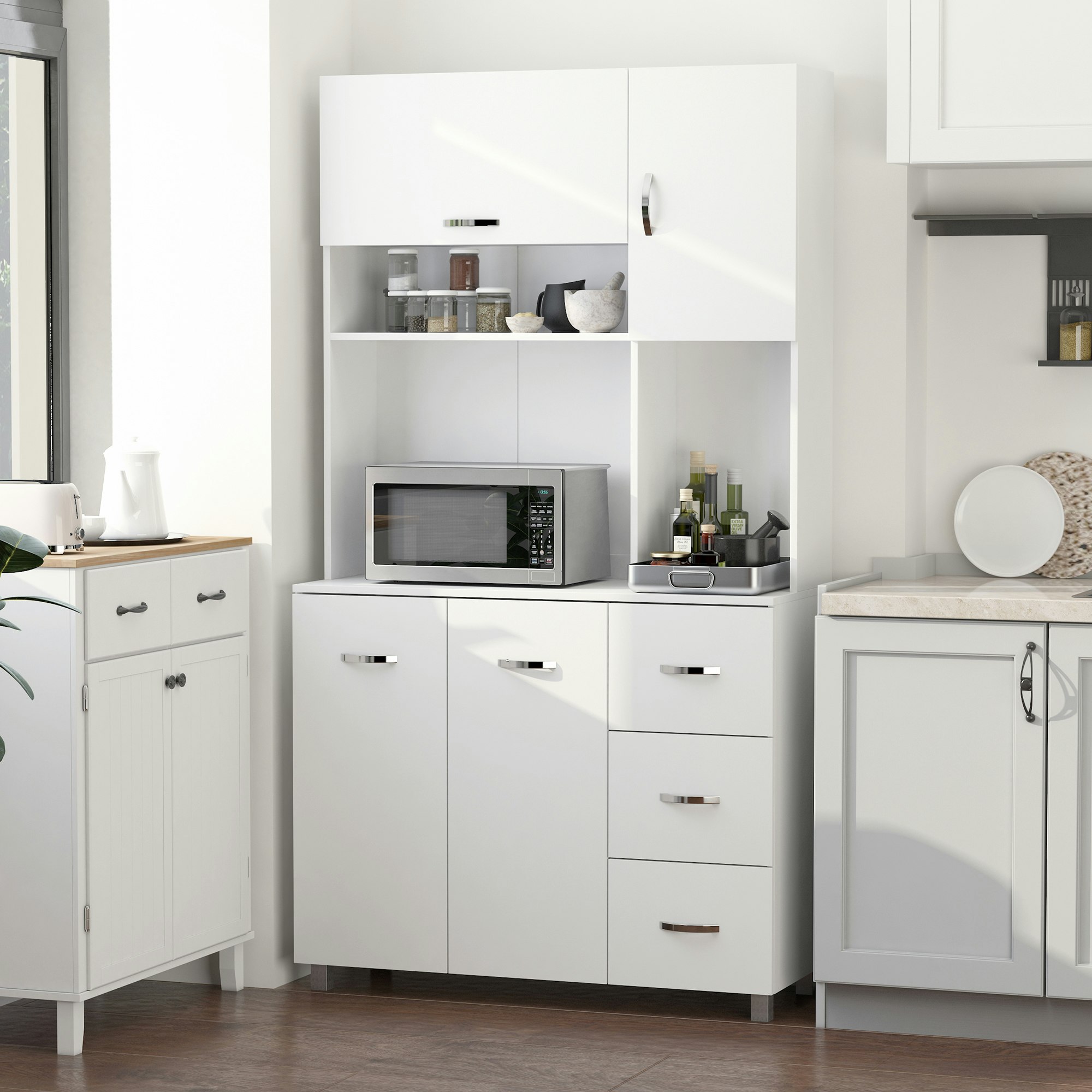 Homcom White Freestanding Kitchen Cupboard Storage Unit Drawers Handles Shelf