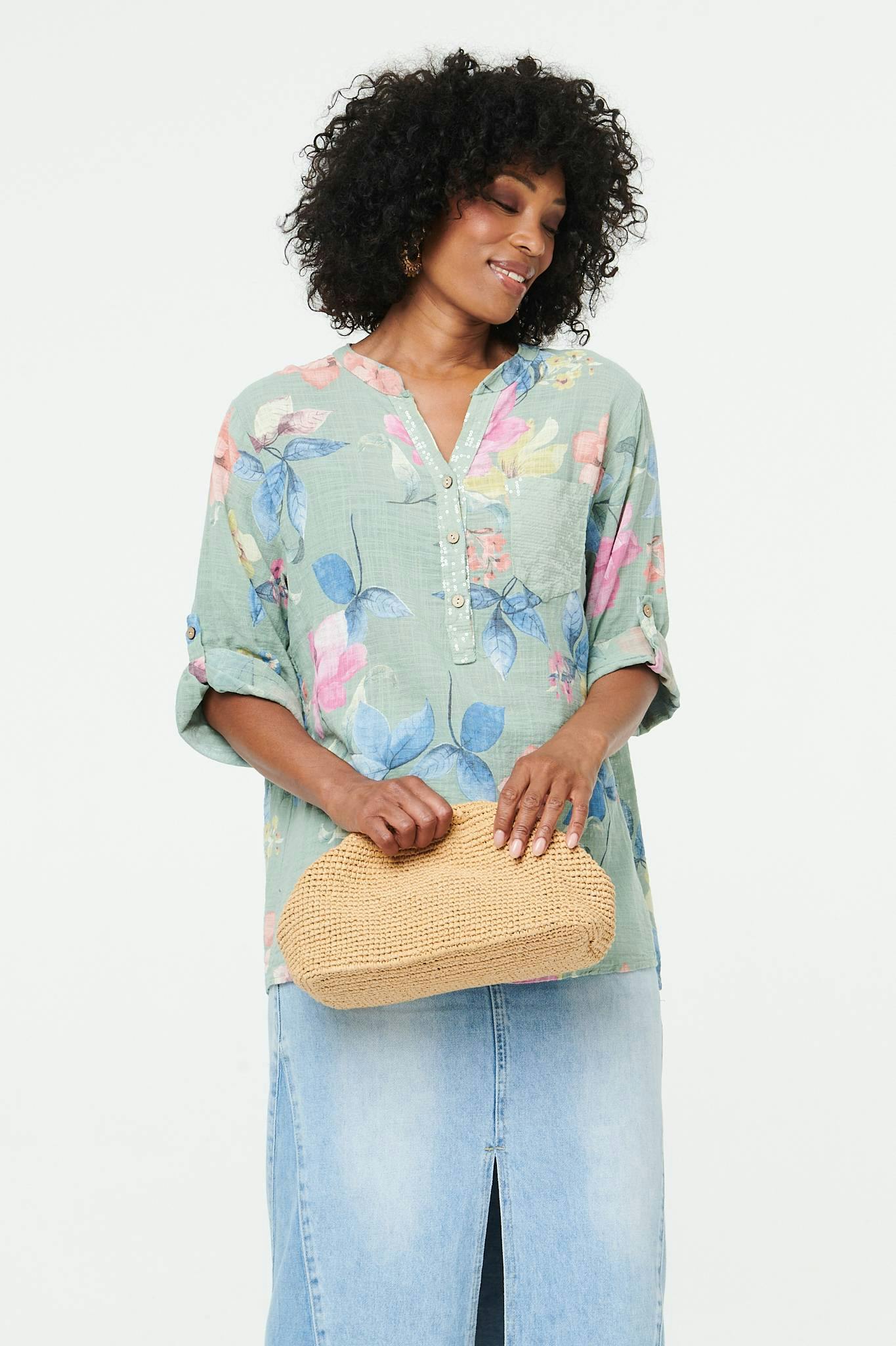 Izabel London Light Floral Curve Hem Turn-Up Sleeve Blouse - 14 - Sage