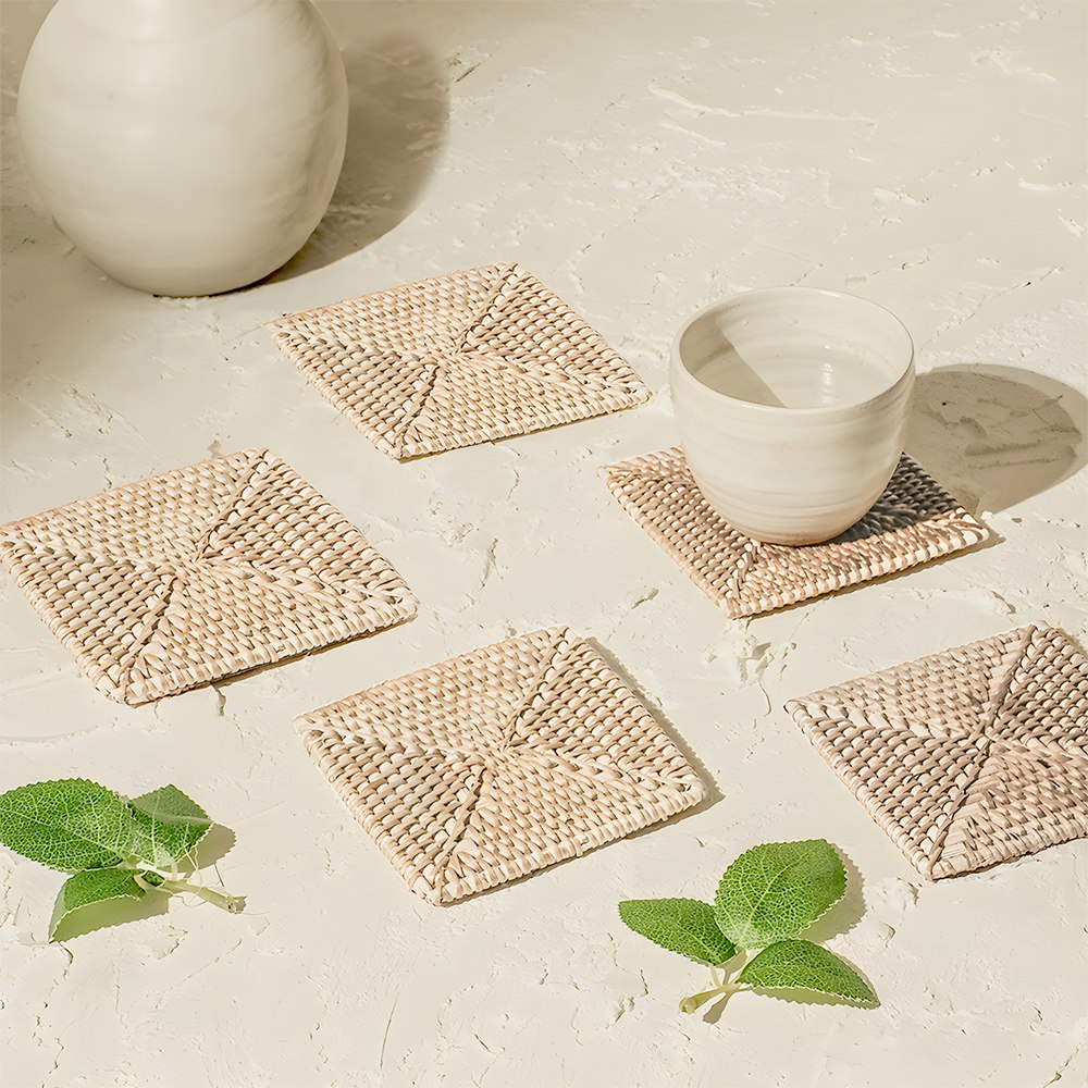 Coastal Villa Homeware White Rattan Square Coasters - Wash