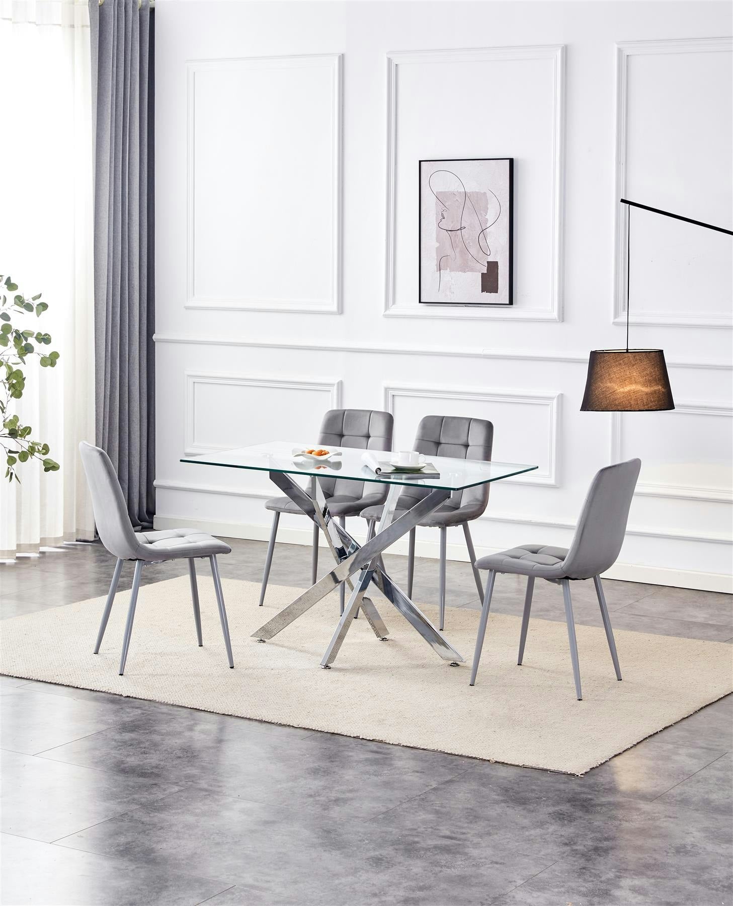 Kosy Koala 4 Seater Glass Rectangle Dining Set - Grey Velvet Chairs - Chrome Legs - Tempered Glass Top - Image 3