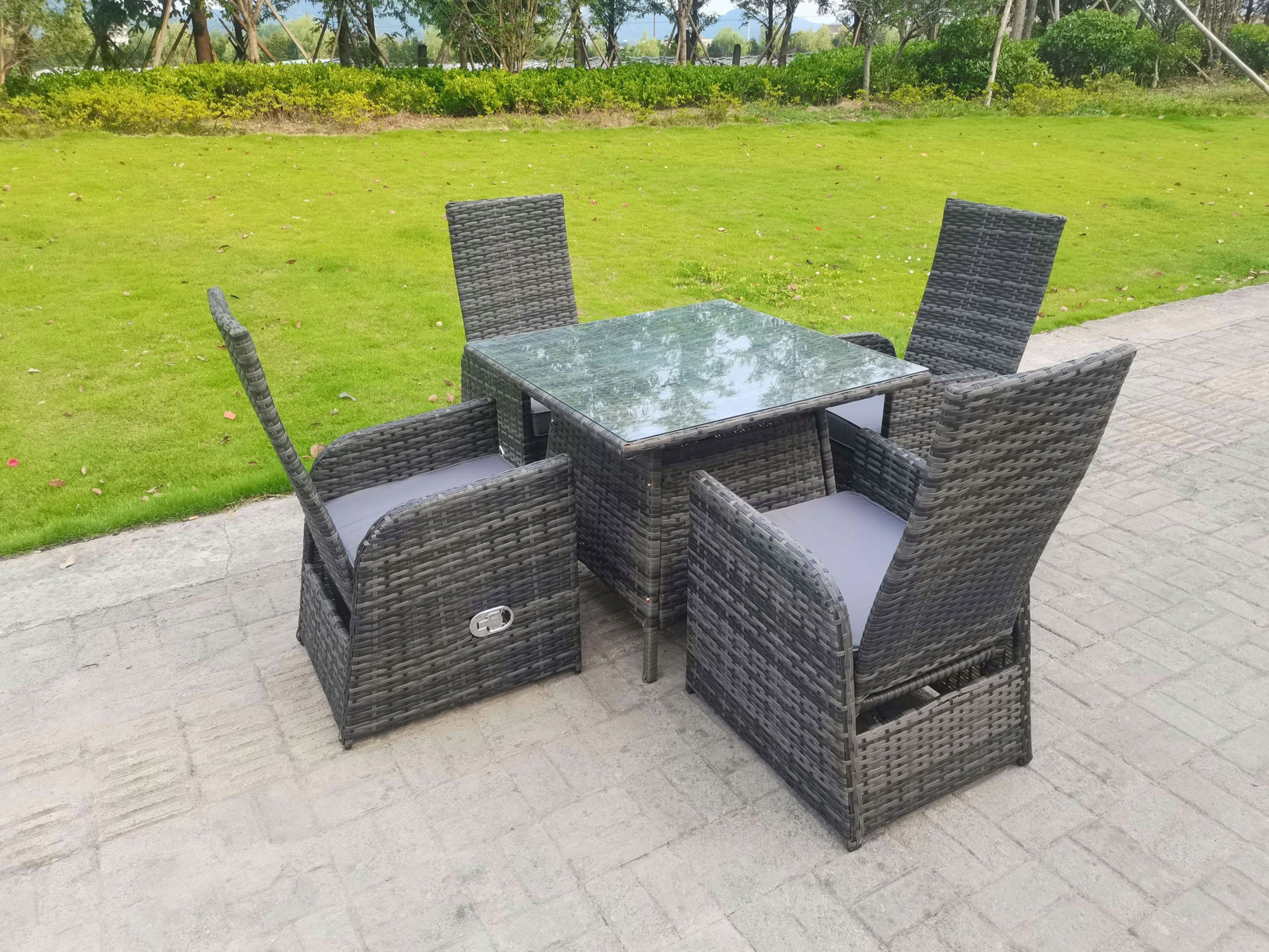 Rackhams Dark/Grey Mixed Outdoor Pe Wicker Rattan Garden Furniture Reclining Chair And Table Dining Sets 4 Seater Square Tempered Glass Table