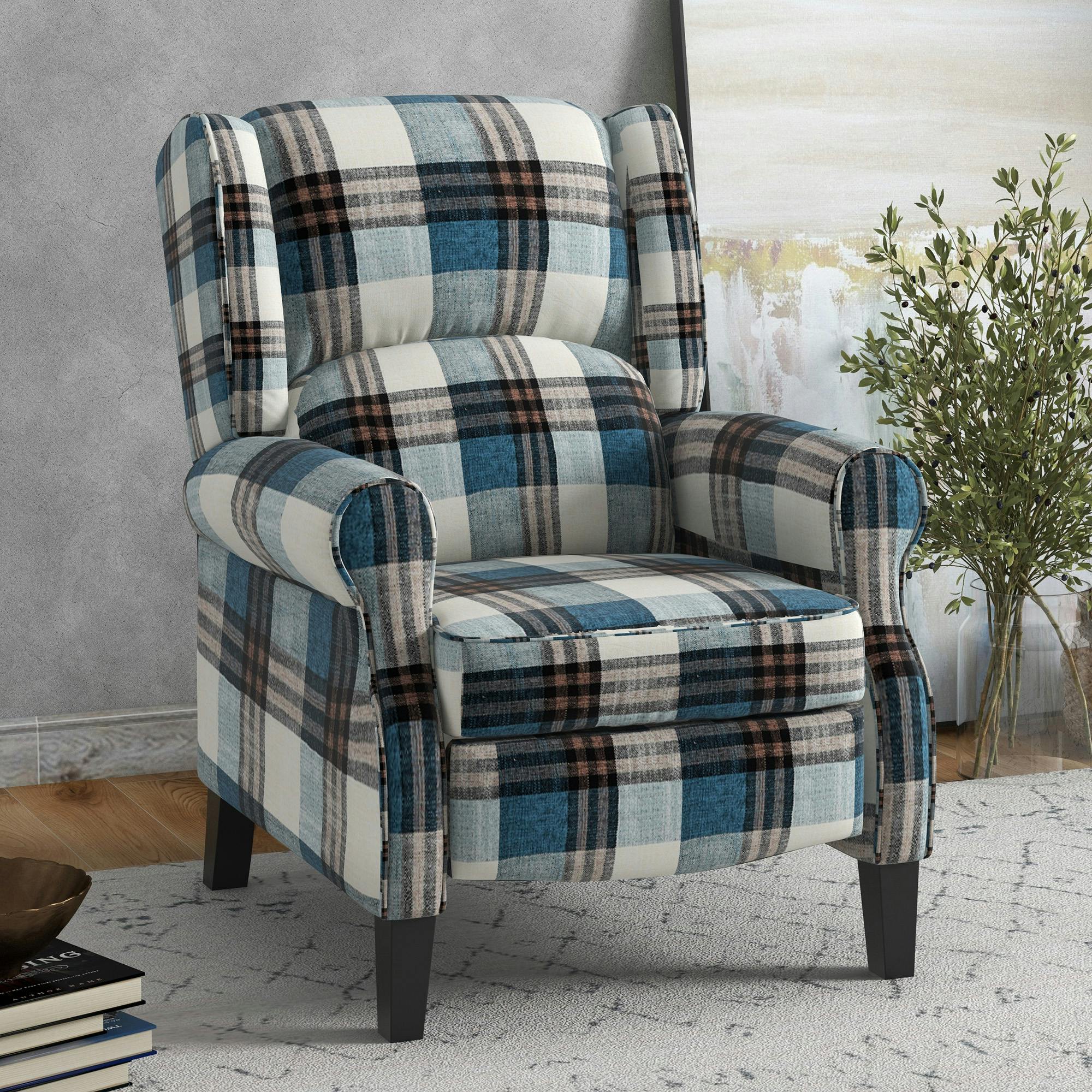 Rackhams Blue Recliner For Living Room Wingback Chair With Padded Armrest