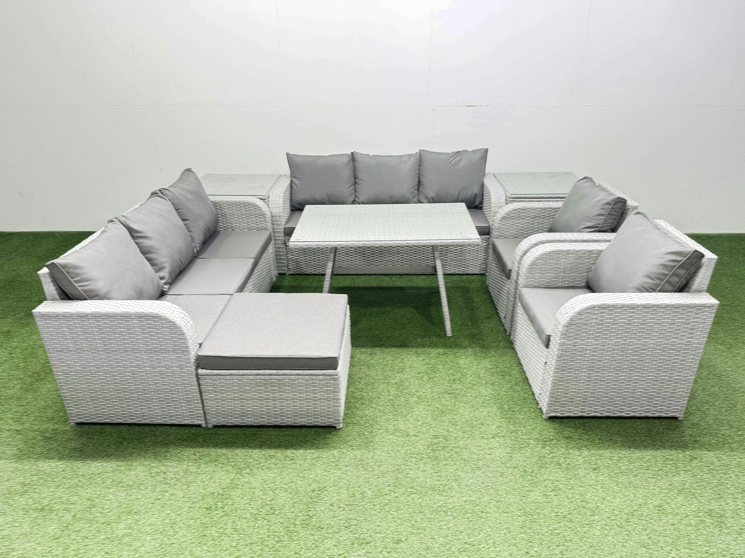Fimous Light/Grey Rattan High Back Lounge Sofa Set Patio Dining Table & Chairs Set With 3 Seater Sofa 2 Reclining Chairs 2 Side Tables Big Stool