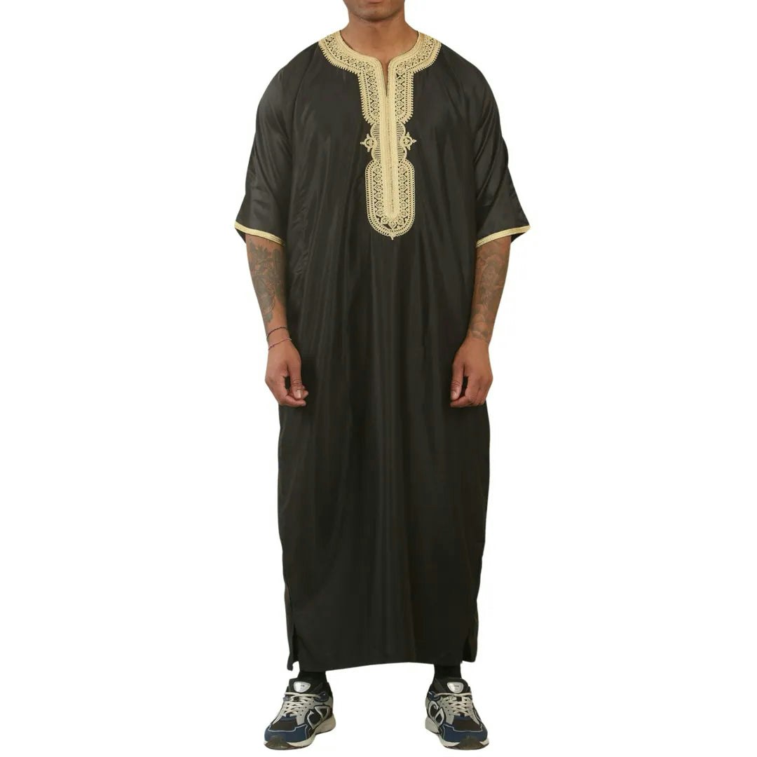 Thobez Men's Black/Gold Gg008 - Moroccan Thobe Short Sleeve Gandoura - 60