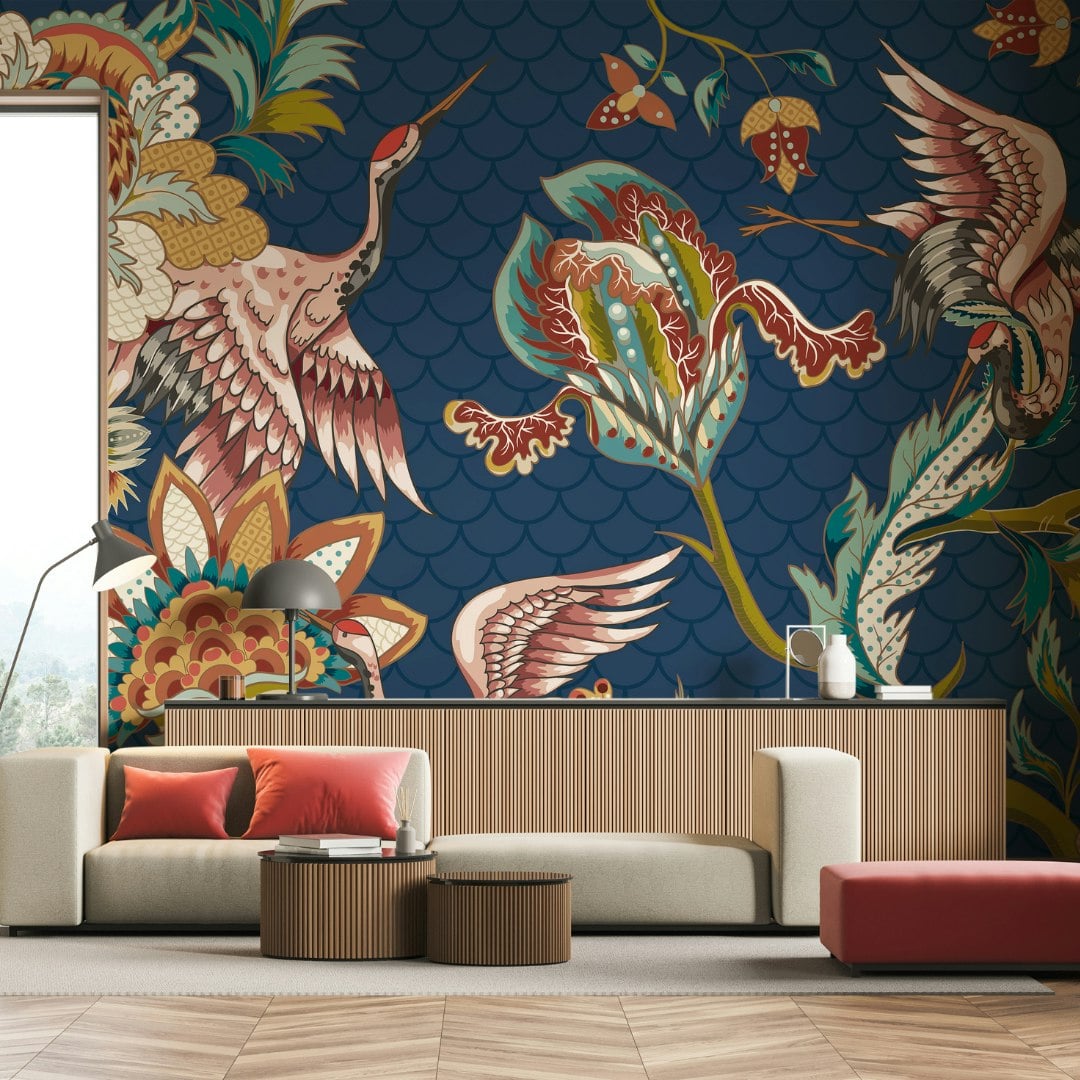 Origin Murals Blue Cranes In Flight Wall Mural - Navy - Medium - W300cm X H240cm
