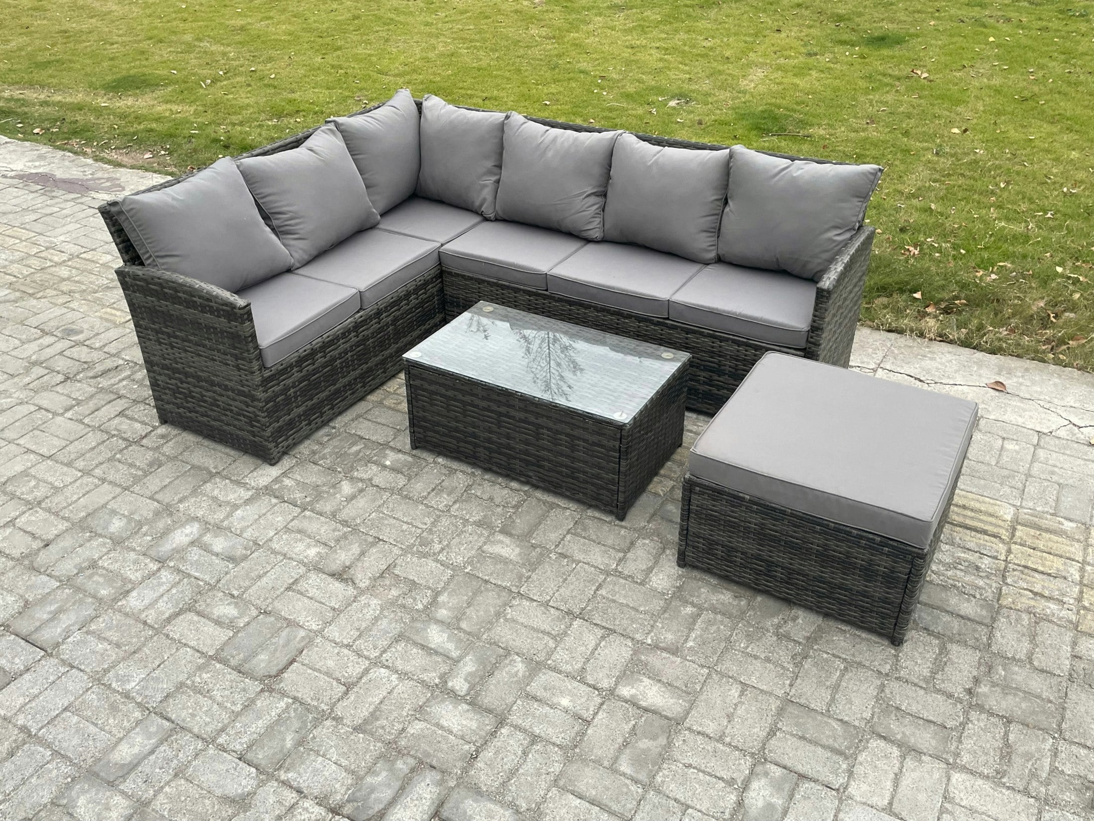 Fimous Dark/Grey 7 Seater Rattan Lounge Corner Sofa Set Wicker Pe Outdoor Garden Furniture Set With Coffee Table Big Footstool Mixed