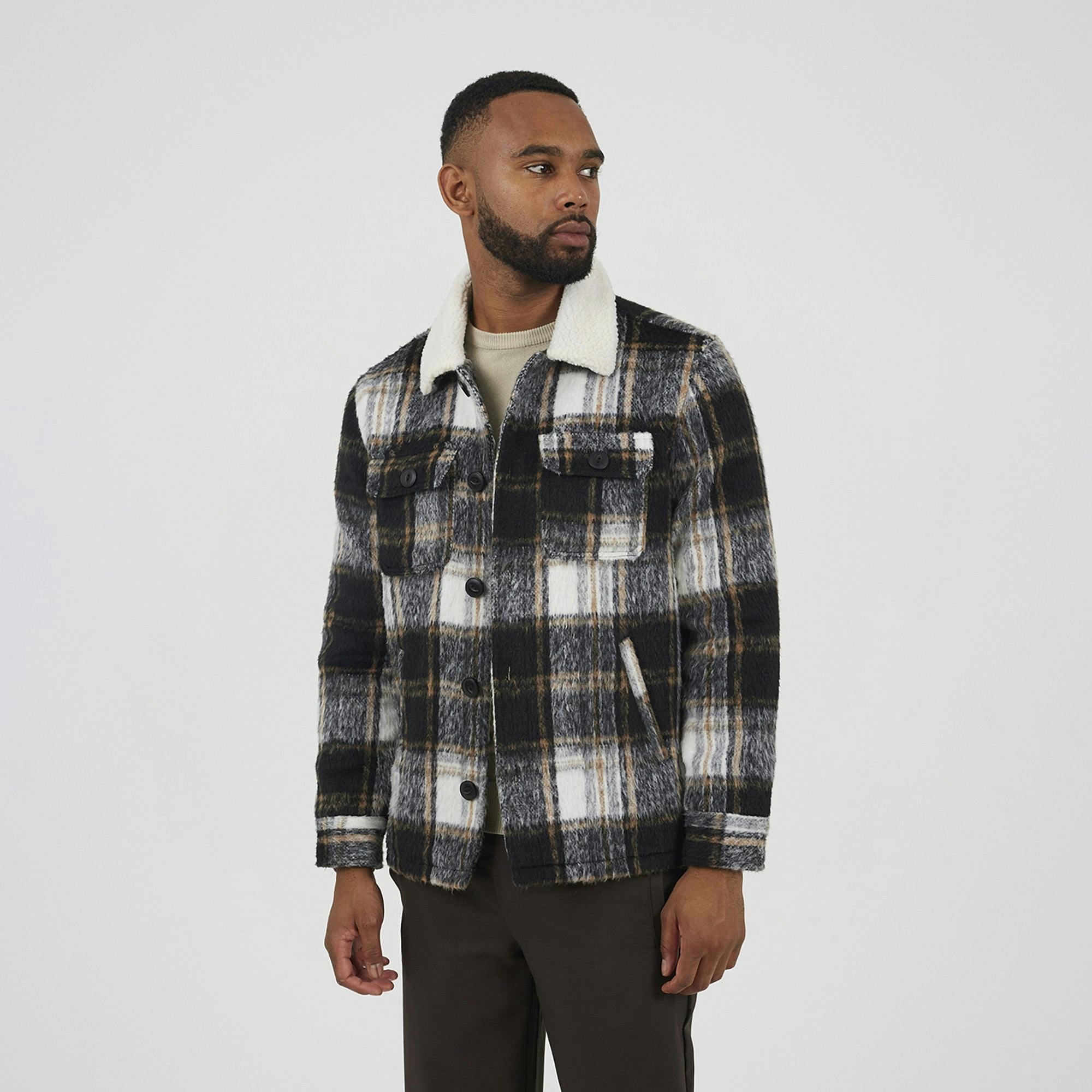 Brave Soul Black Brushed Check Jacket With Sherpa Collar - Xl