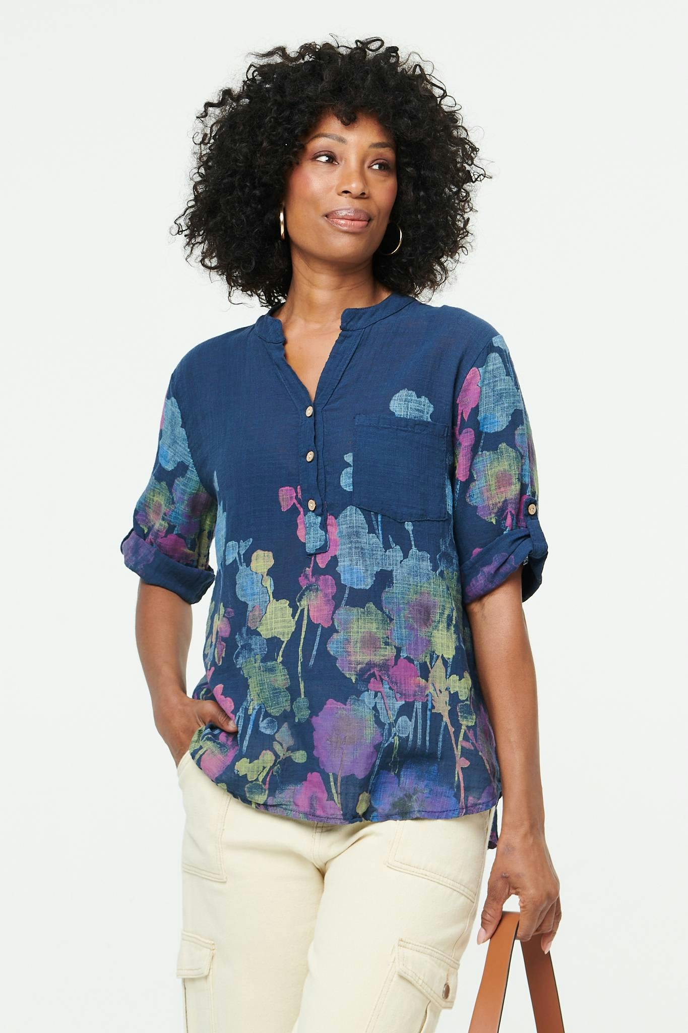 Izabel London Floral Turn-Up Sleeve Curve Hem Blouse - 14 - Navy