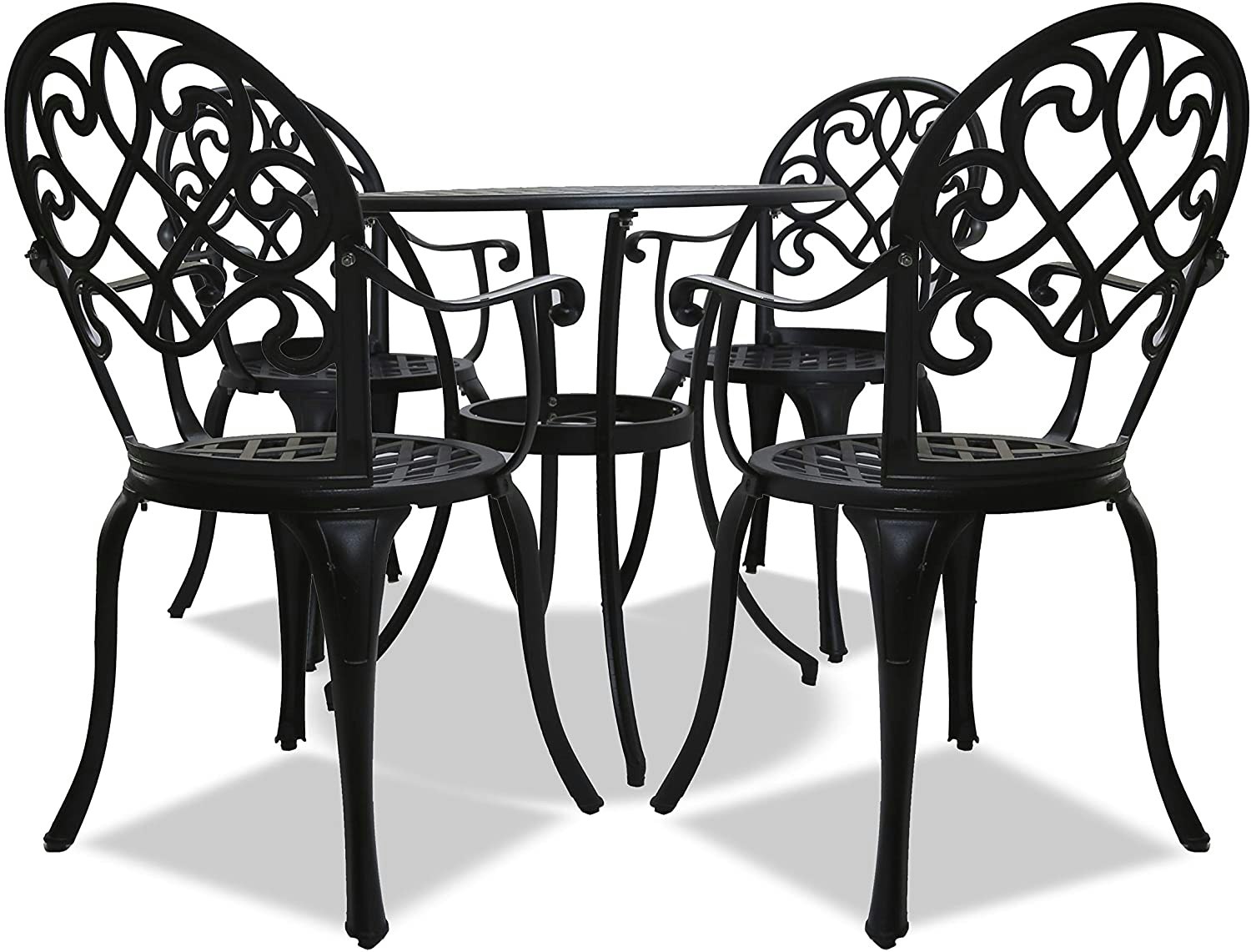 Rackhams Black Prego Luxurious Garden And Patio Table And 4 Large Chairs With Armrests Cast Aluminium Bistro Set