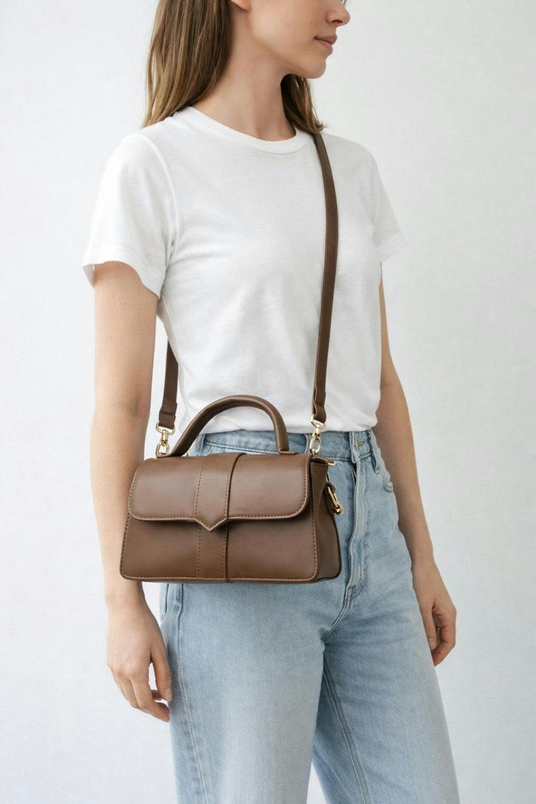 Svnx Women's Brown Small Crossbody Hard Top Handle Bag In - Image 5