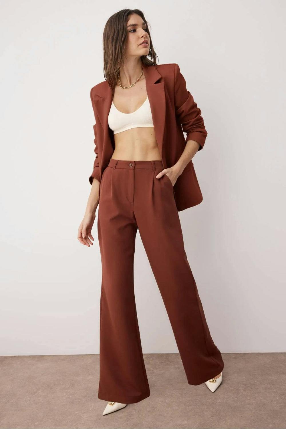 Hoxton Gal Brown High-Waist Wide-Leg Pleated Woven Trousers - 10
