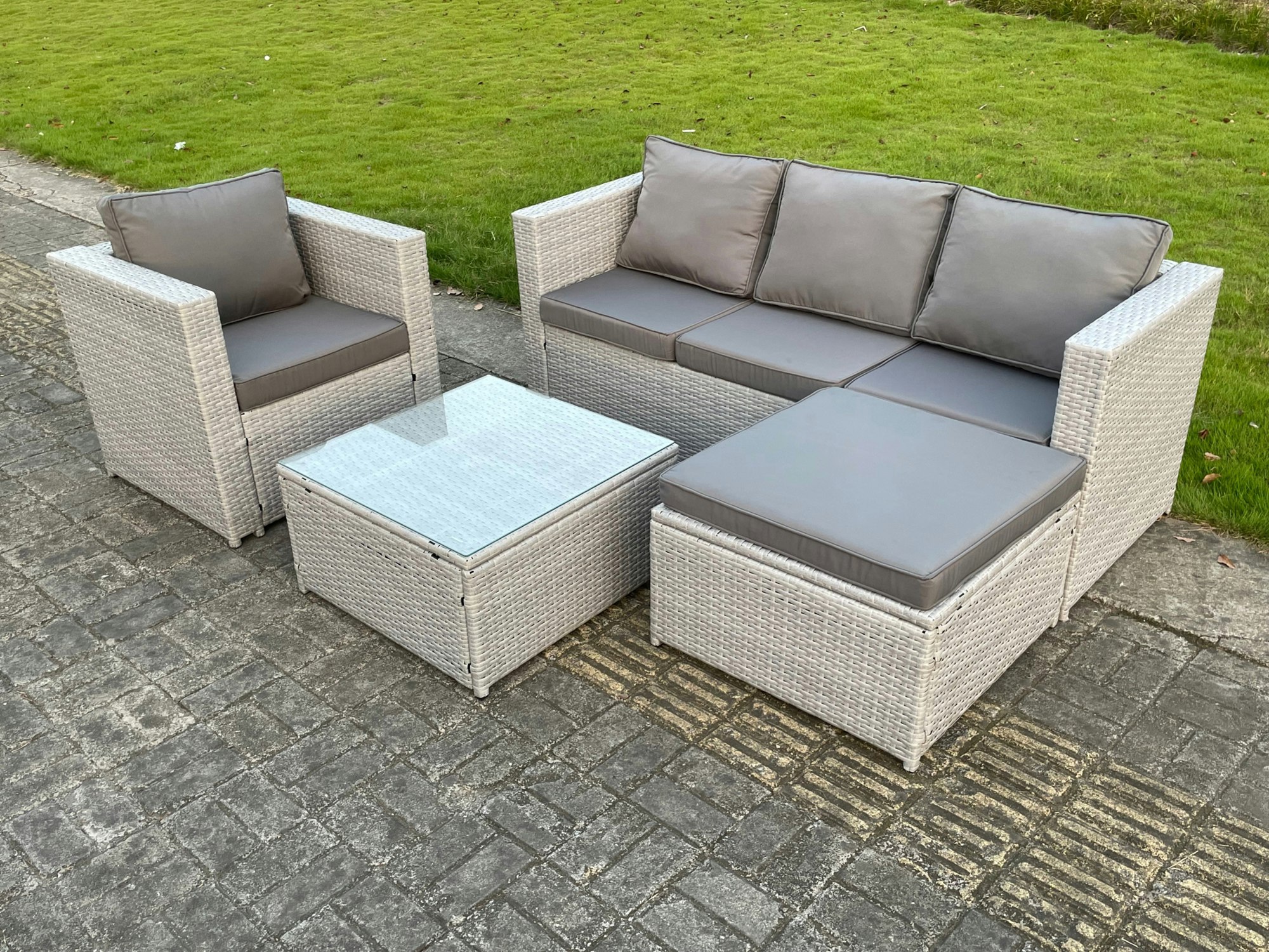 Rackhams Light/Grey 5 Seat Lounge Outdoor Pe Rattan Garden Furniture Set Wicker Sofa Set Square Coffee Table With Armchair