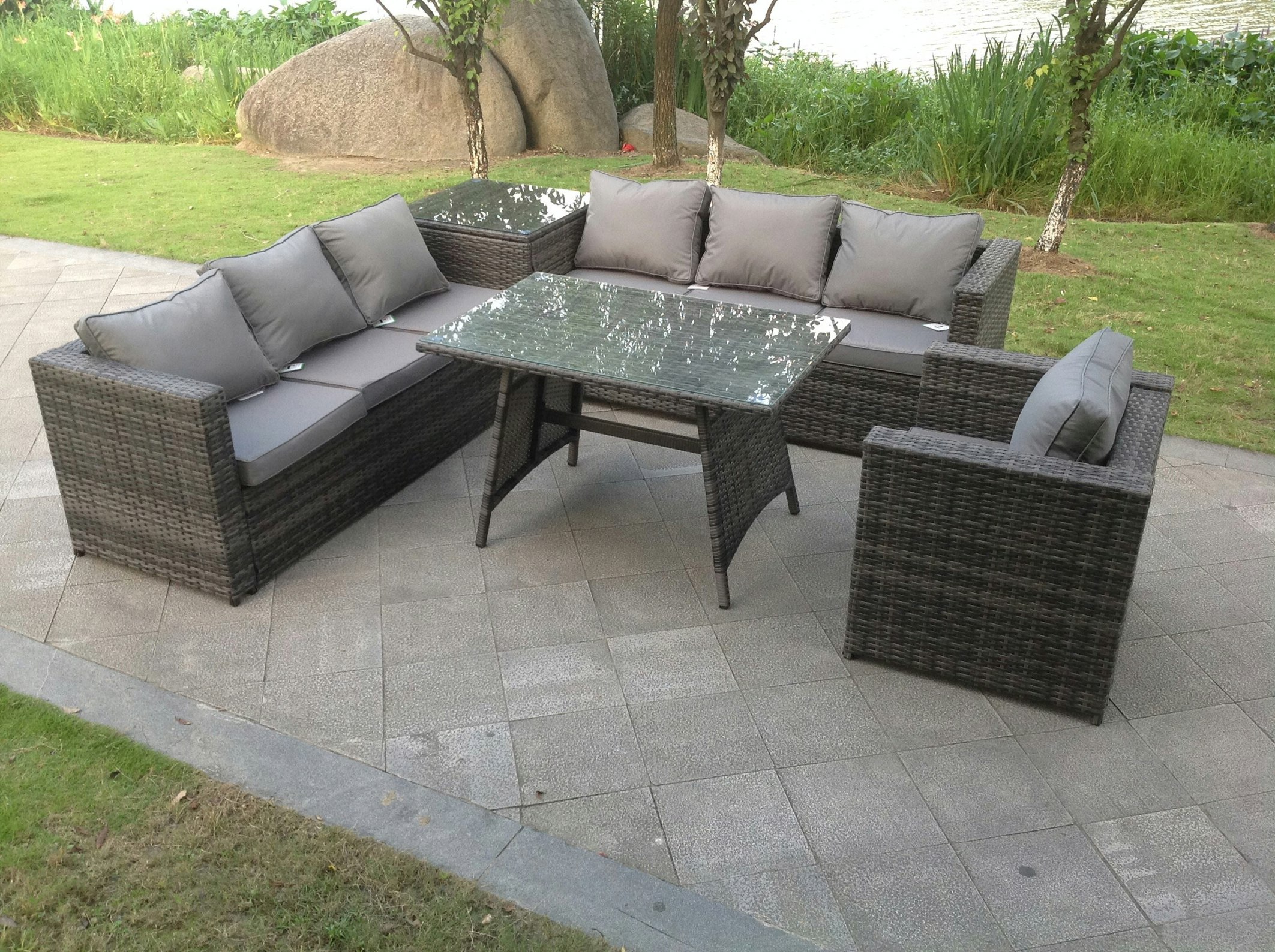 Rackhams Dark/Grey 7 Seater Rattan Corner Sofa Lounge Sofa Set With Dining Table And Side Table