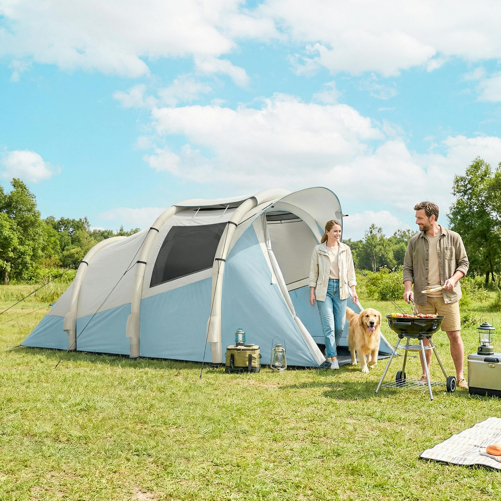 Outsunny Blue Inflatable Camping Tent W/ Air Pump, 2-3 Person Blow Up Tent - Air Pump, Carry Bag, Storage Pockets, Groundsheet - 2-3 Person
