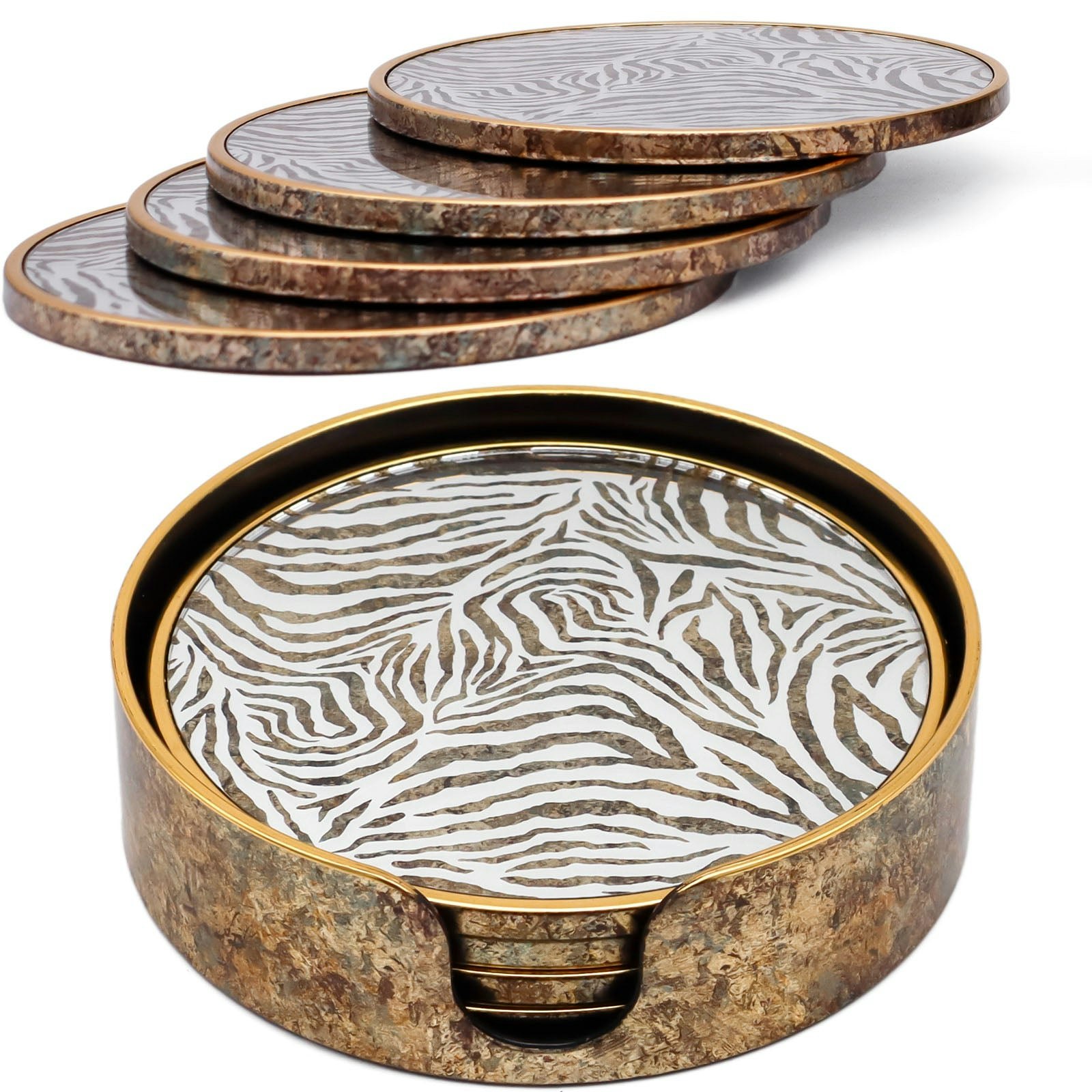 Maison Des Cadeaux Set Of 4 Zebra Print Round Drink Coasters With Holder