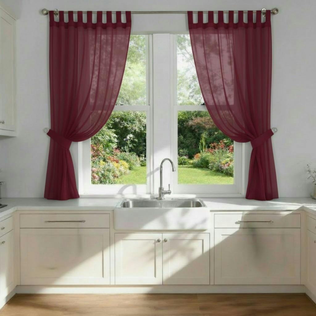 Rackhams Light Voile Tab Top Curtain Pair With Crystal Tie Backs Sheer Window Panels - Maroon - 150Cm Width X 229Cm Drop
