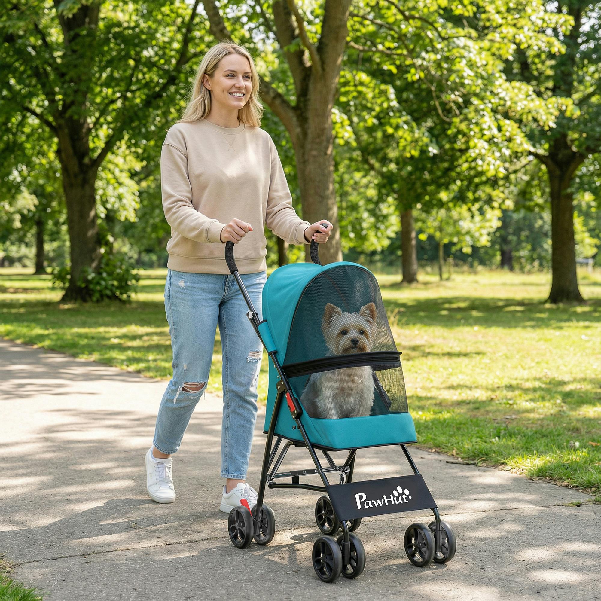 PAWHUT Foldable Dog Stroller with Mesh Windows for Mini Dogs in Aqua - Image 3