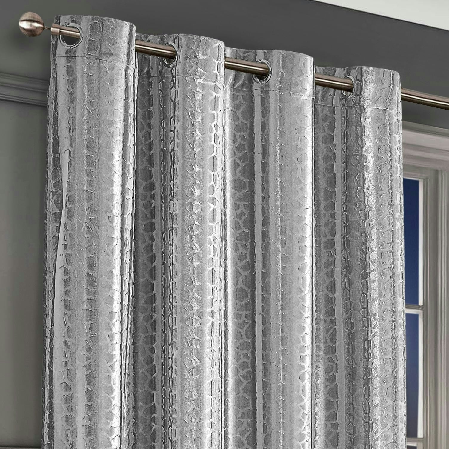Rackhams Silver Verity Crushed Velvet Ready Made Eyelet Curtains - 140Cm X 137Cm