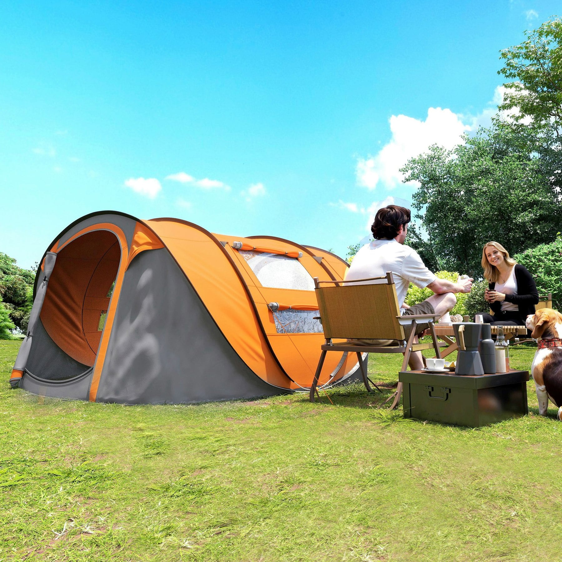 Outsunny Orange Camping Tent Dome Pop-Up Tent With Windows For 4-5 Person