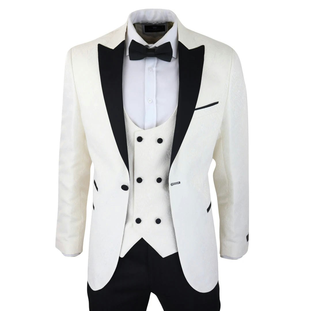 Truclothing Men's Ivory/Black Stz61 - Paisley Tuxedo Blazer And Waistcoat Dinner Jacket Satin - 48