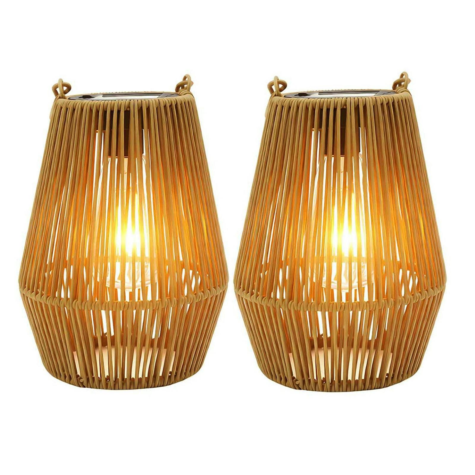 Gr8 Garden White/Light Set Of 2 Solar Hanging Rattan Lanterns Led Garden Patio Lights Natural Ip44 Outdoor Lamps