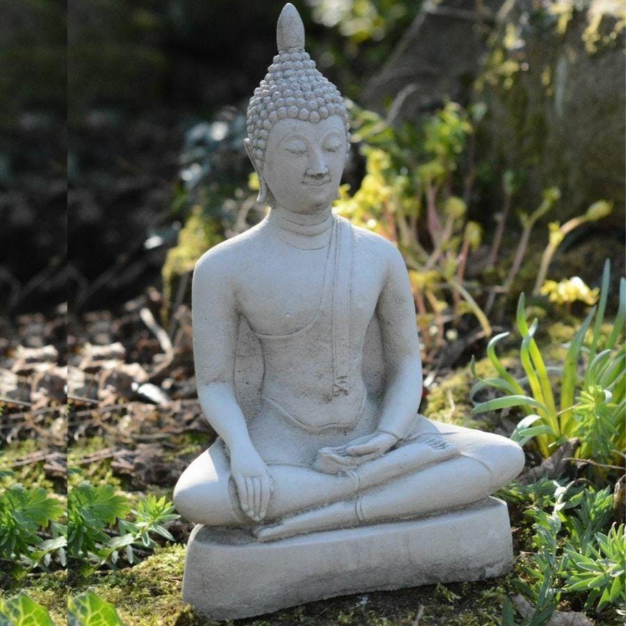 Rackhams Medium Stone Cast Buddha Statue With Traditional Hat