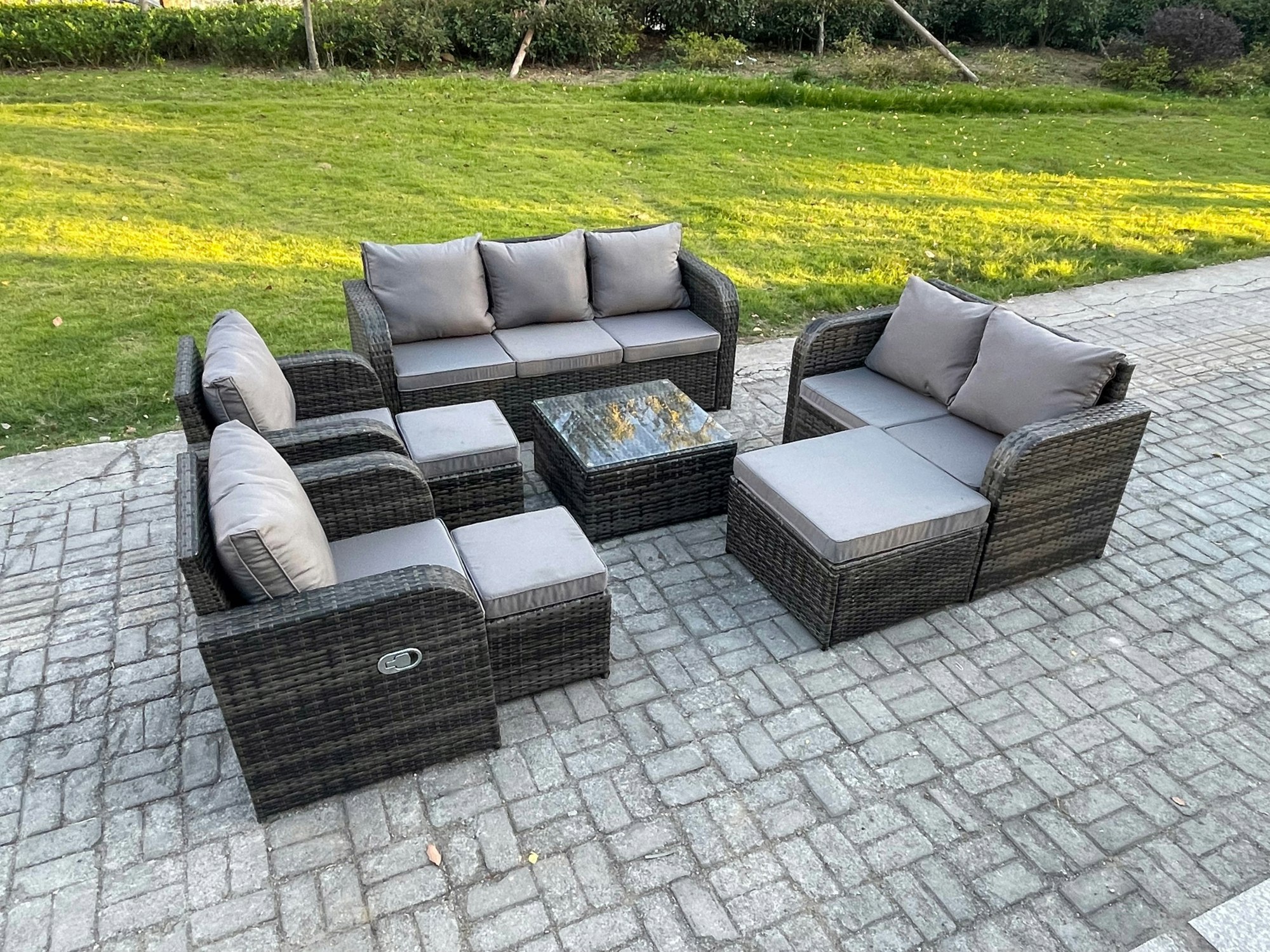 Rackhams Dark/Grey 10 Seater Garden Furniture Set Rattan Outdoor Lounge Sofa Chair With Tempered Glass Table 3 Footstools Mixed