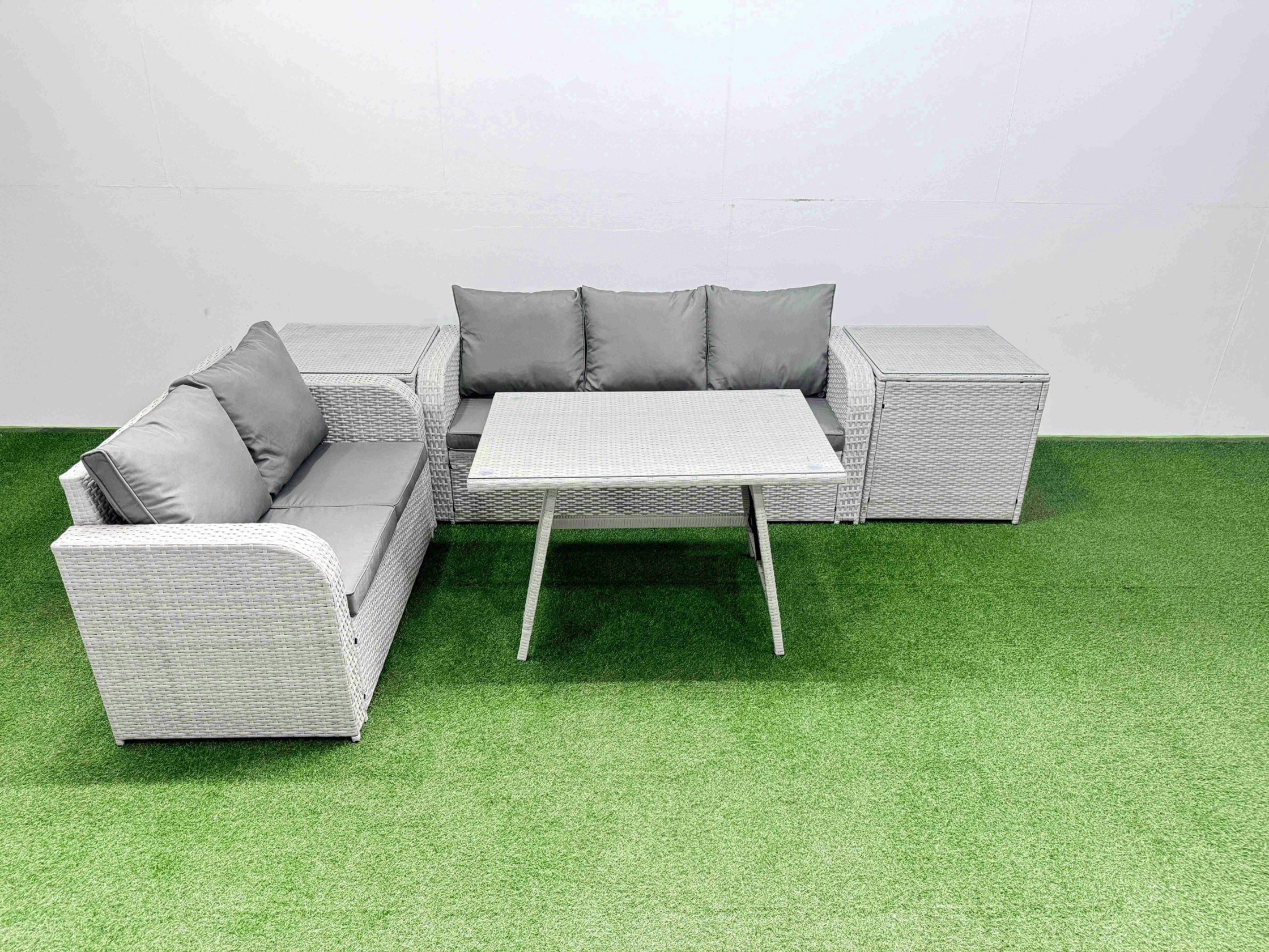 Rackhams Light/Grey Outdoor Pe Rattan Garden Furniture Set Rectangular Dining Table Sofa Set With 2 Side Tables