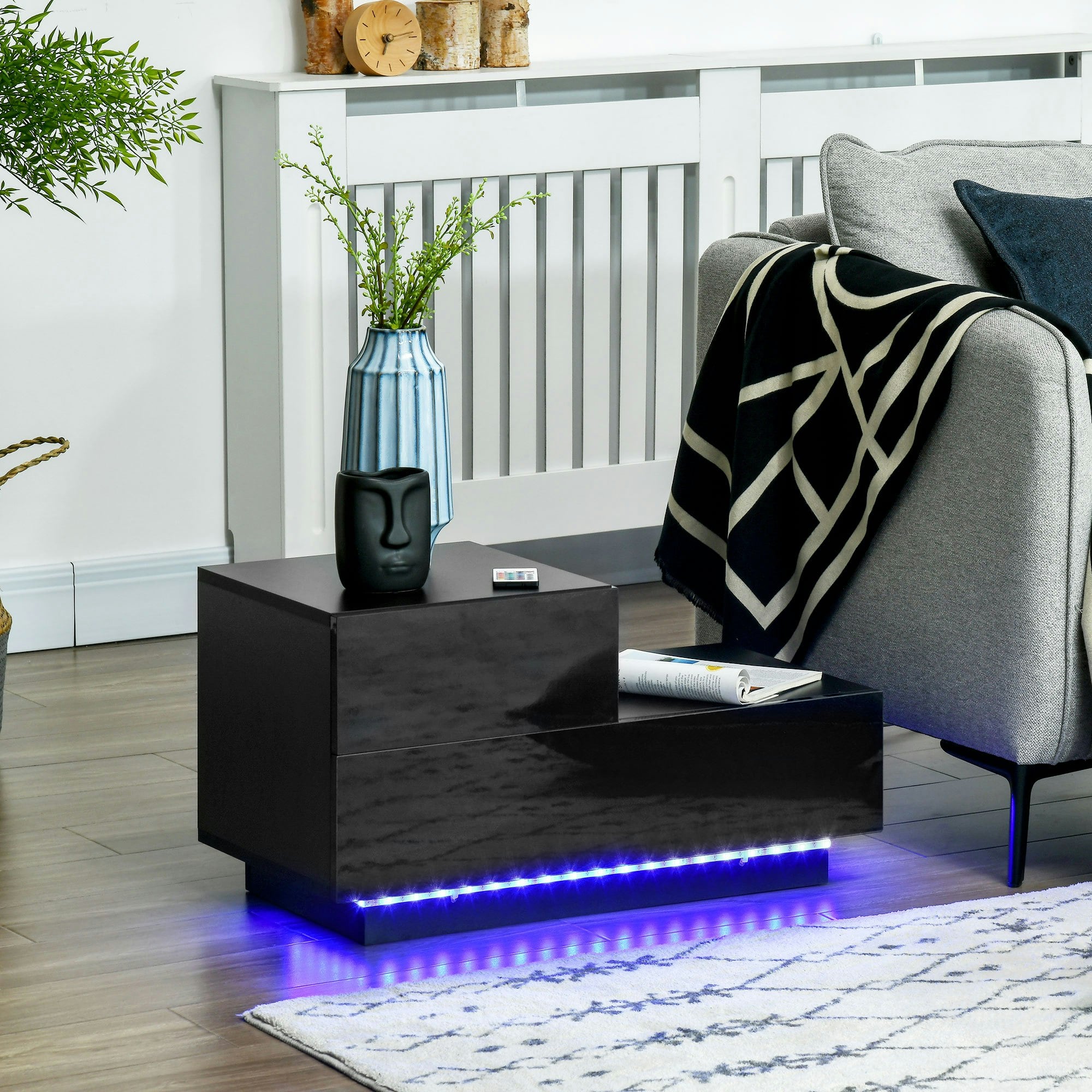 Rackhams Light/Black High Gloss Front Bedside Table Nightstand With Led Remote