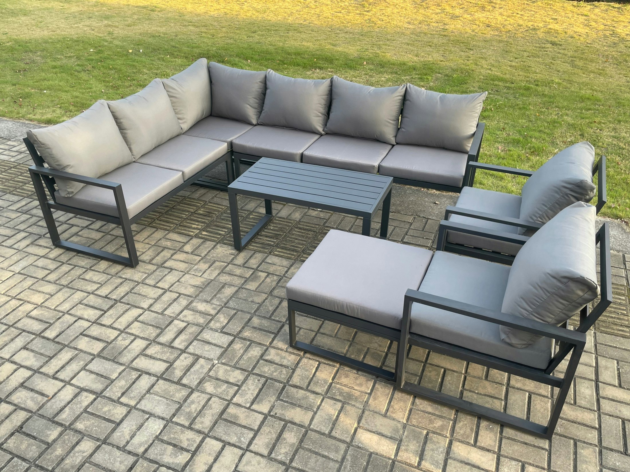 Rackhams Dark/Grey Aluminium Garden Furniture Set Outdoor Indoor Lounge Corner Sofa 2 Pcs Chair Oblong Coffee Table Sets With Big Footstool