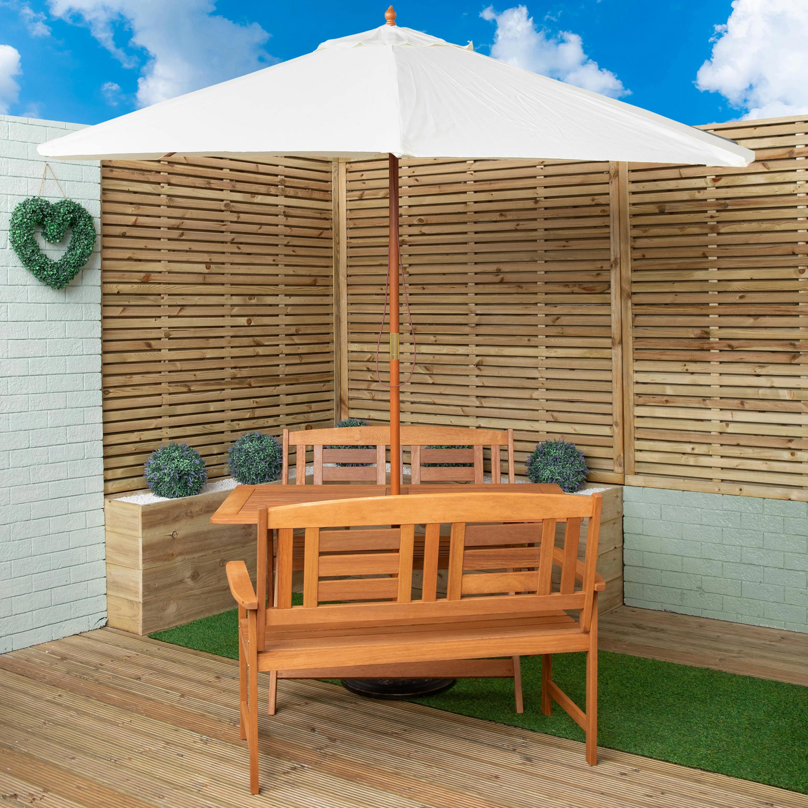 Rackhams Cream Outdoor 4 Person Folding Rectangular Wooden Garden Dining Table Benches Parasol And Base Set - Outdoor Furniture Sets