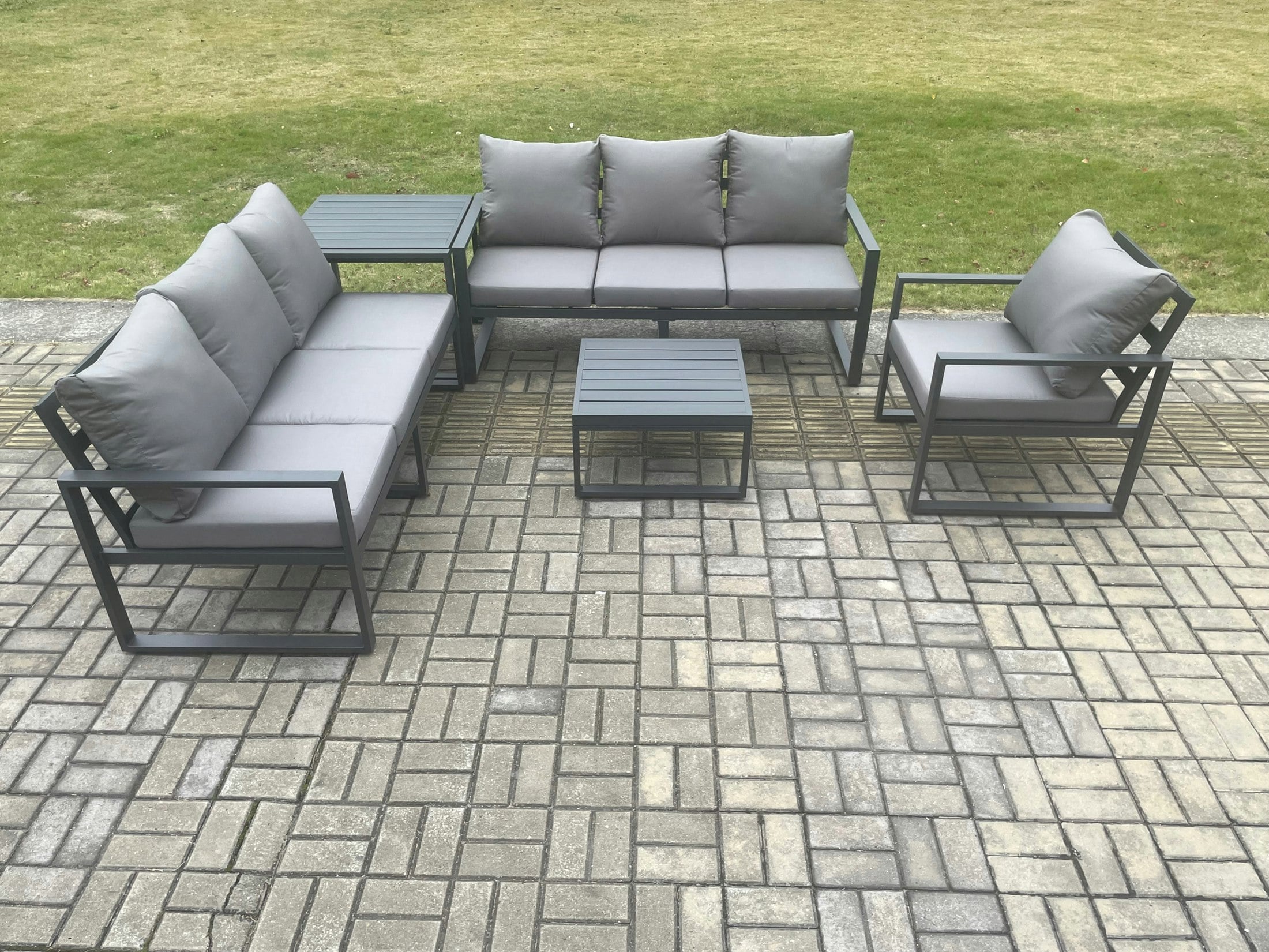Fimous Dark/Grey Aluminium 7 Seater Outdoor Garden Furniture Lounge Sofa Set With Square Coffee Table Chair Side Table