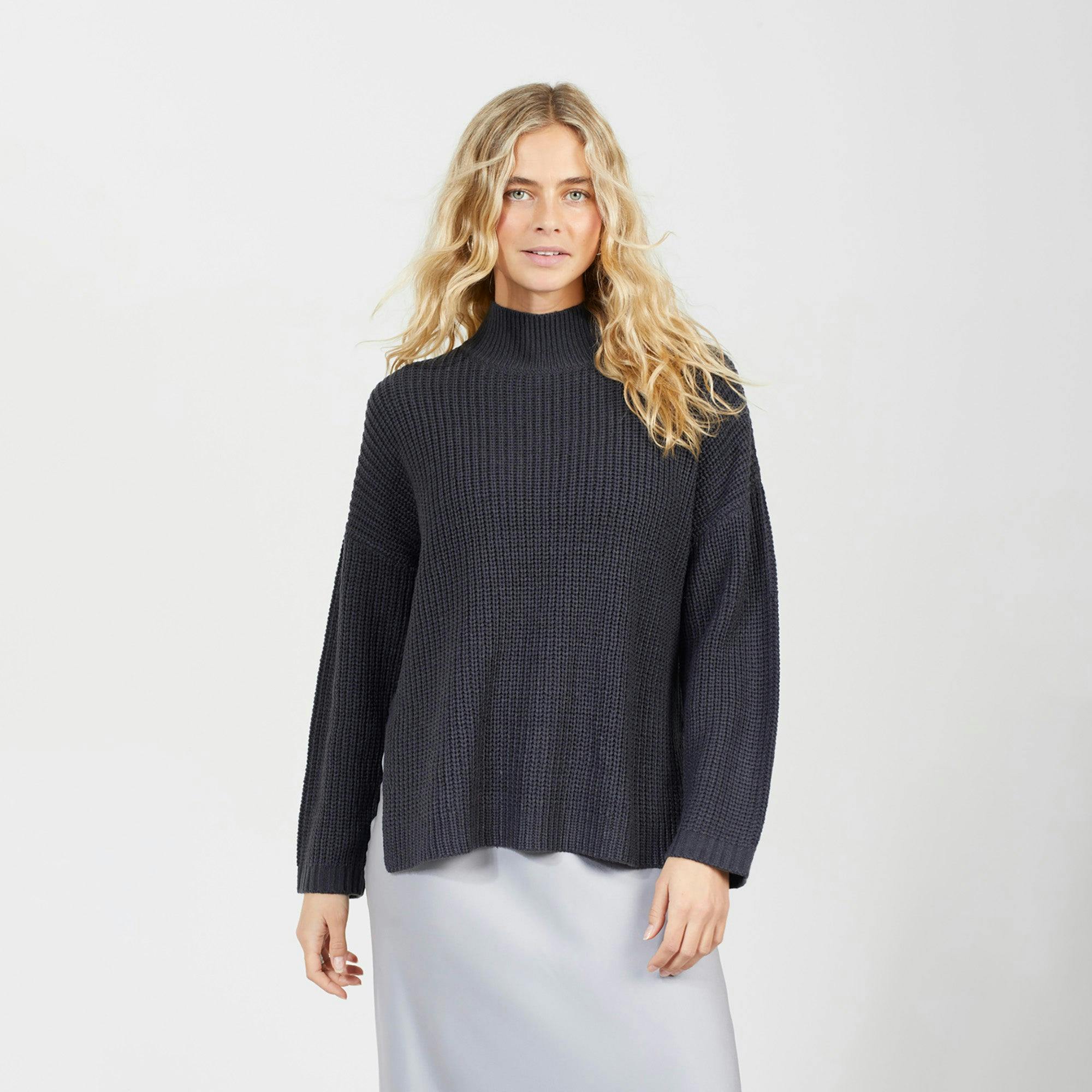 Brave Soul Fisherman Knit Funnel Neck Jumper - Charcoal - Charcoal - S