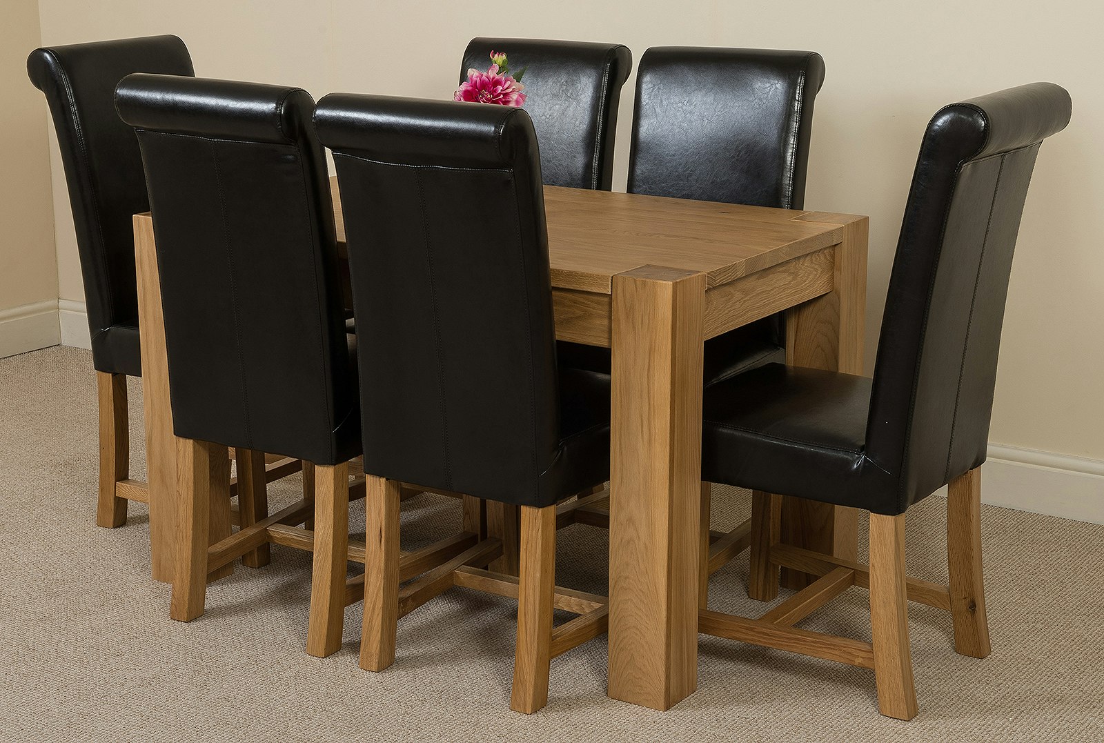 Rackhams Black Kuba Oak Dining Table With Washington Leather Chairs - 6 Chairs Small
