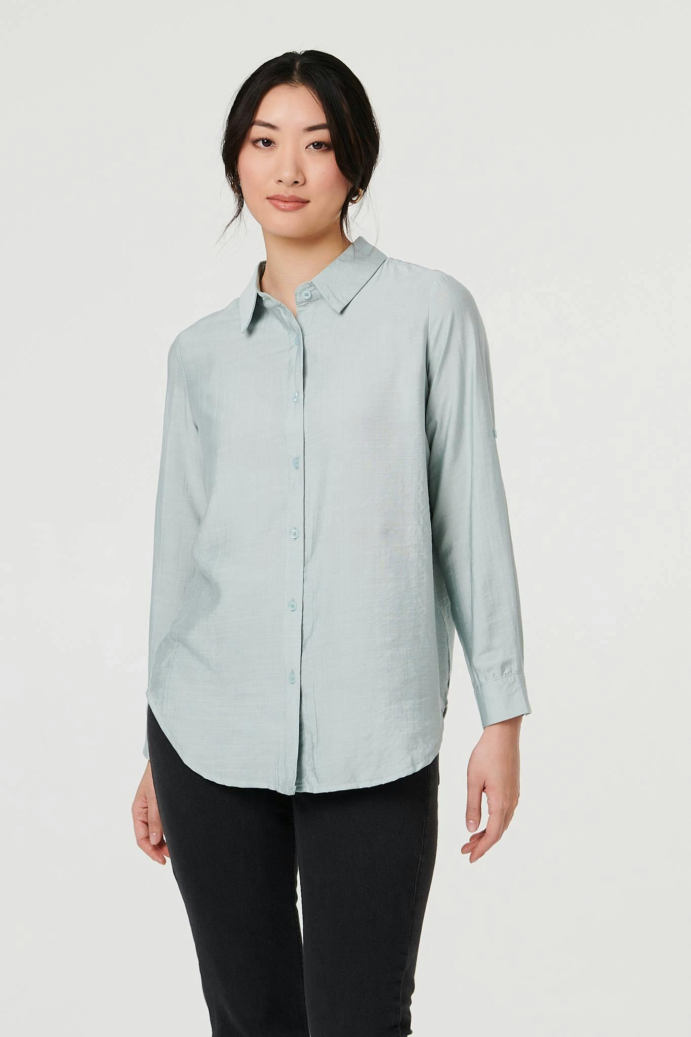 Izabel London Blue Button-Up Curve Hem Relaxed Shirt - 16