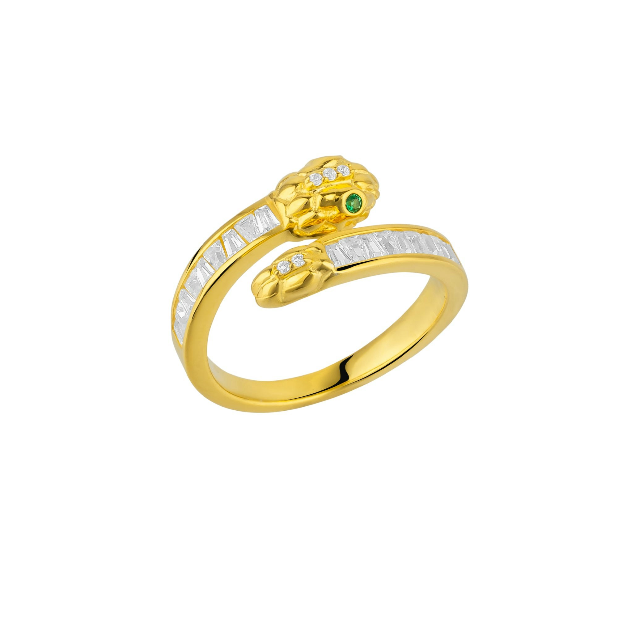Spero London Green/Silver/Gold Baguette Snake Ring With Eyes In Sterling