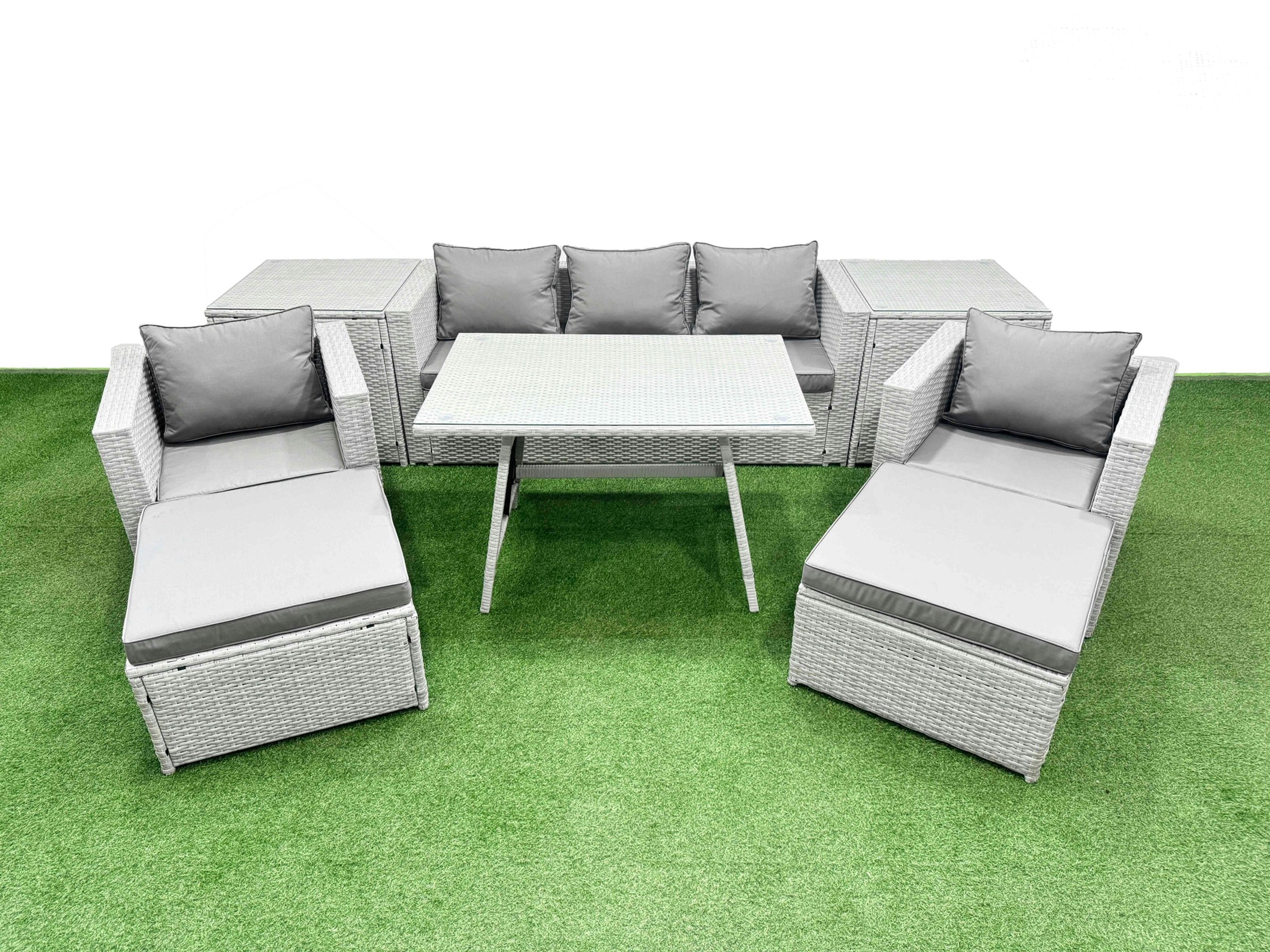Fimous Light/Grey 9 Pieces Outdoor Pe Rattan Sofa Armchair Set Patio Garden Furniture Sets With Cushions 2 Side Tables 2 Big Stools