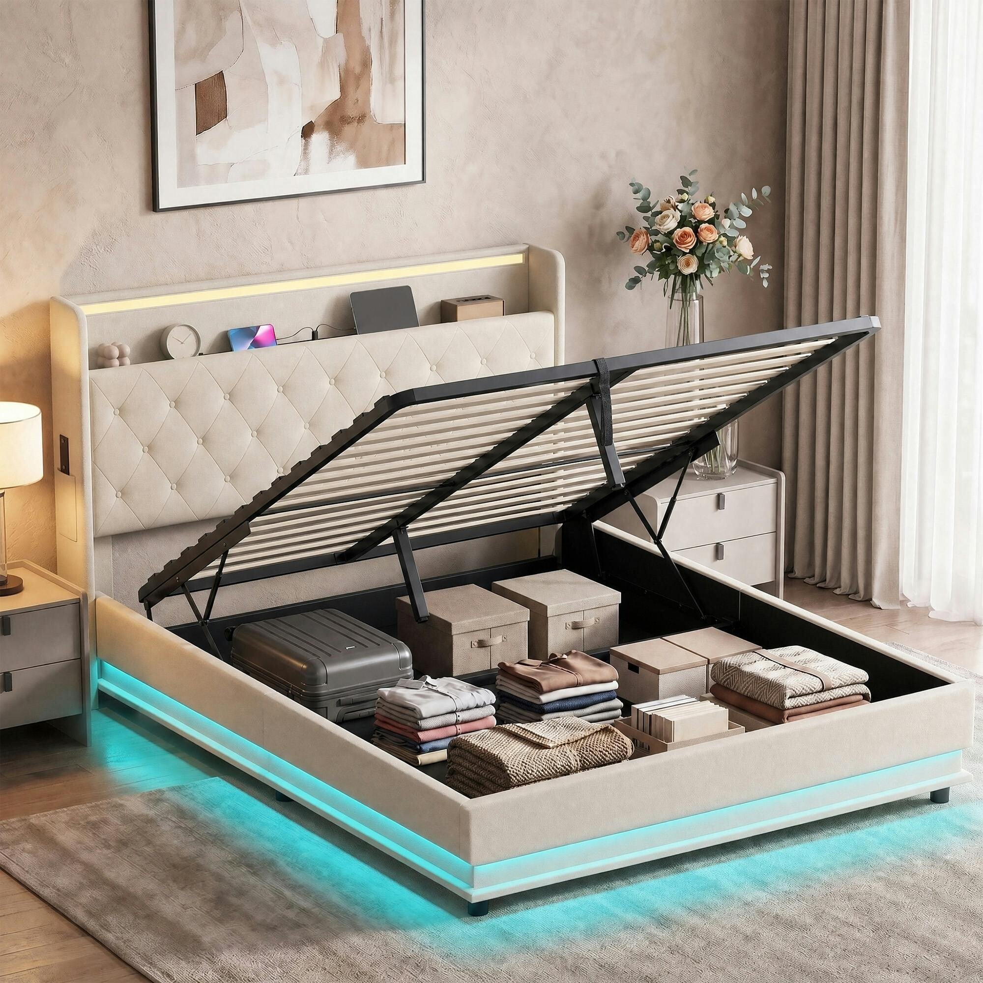Rackhams White Lift Up Storage Bed Frame With Rgb Led Lights, 150 X 200Cm,