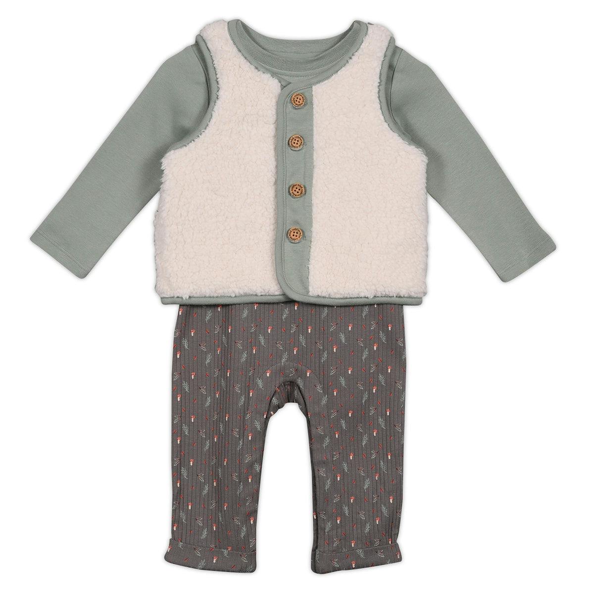 Mini Cuddles Unisex Infant Green/White Baby Sprig Printed Dungaree 3Pc Set, Multicolour - 9-12 Months