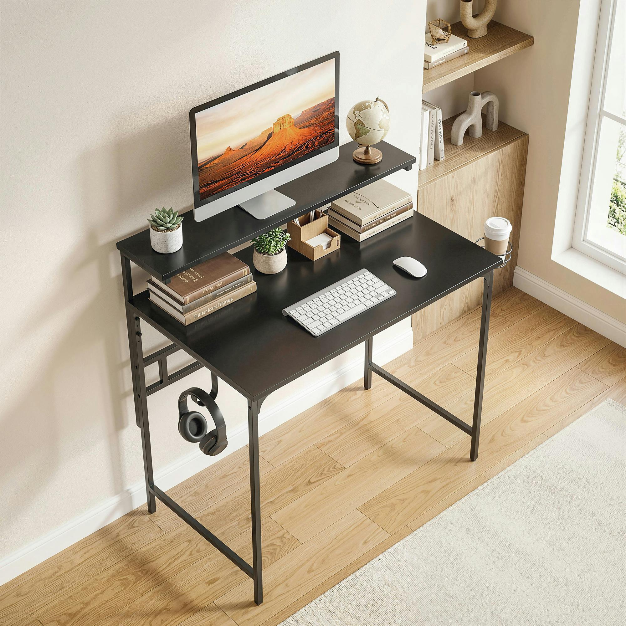 Homcom Black Computer Desk, 80Cm Home Office Study Table With Hutch Shelf