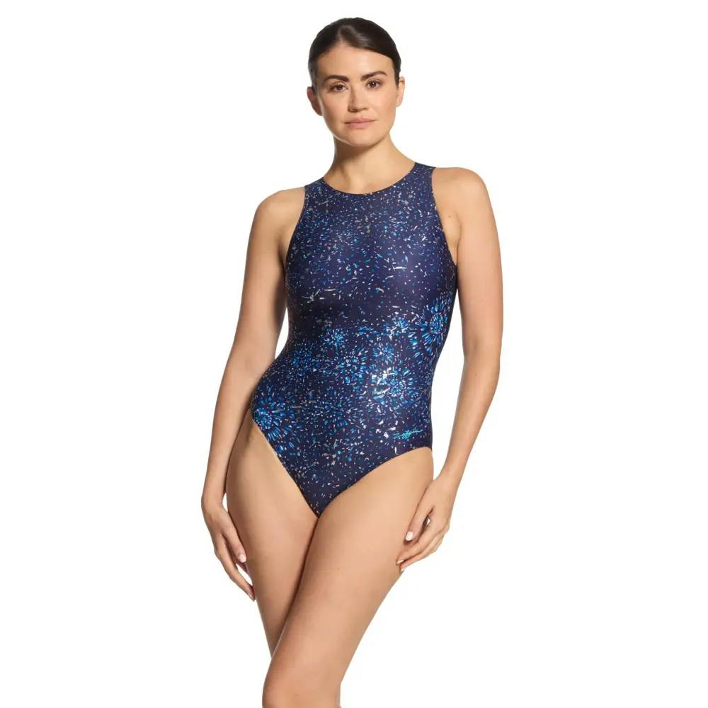 Zoggs Women's Silver/Cyan/Blue Boronia Hi Front Swimsuit - Navy - Uk Size 8
