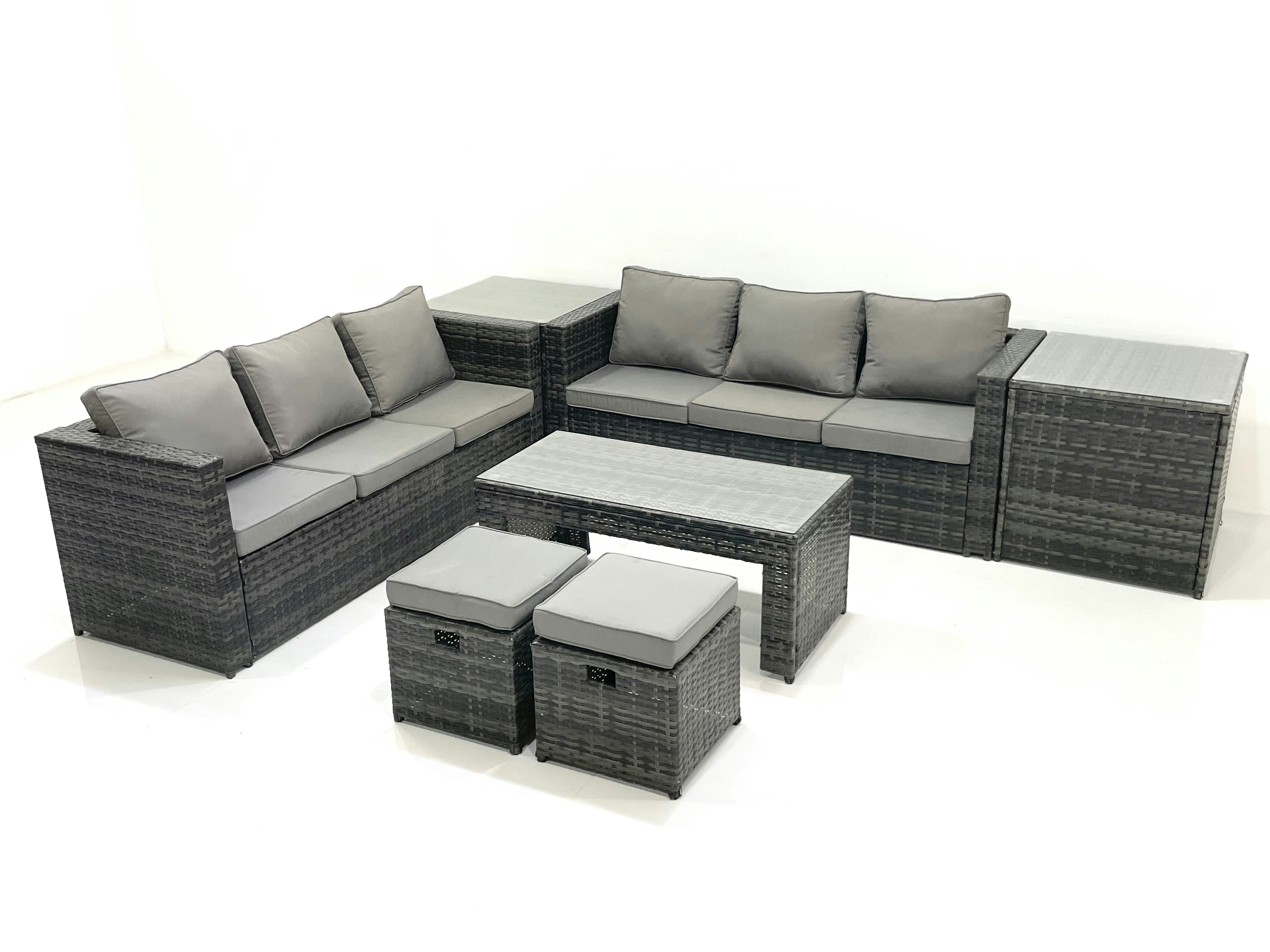 Rackhams Dark/Grey Garden Outdoor Rattan Furniture Set With Sofa Coffee Table 2 Footstools 2 Side Tables Mixed Small