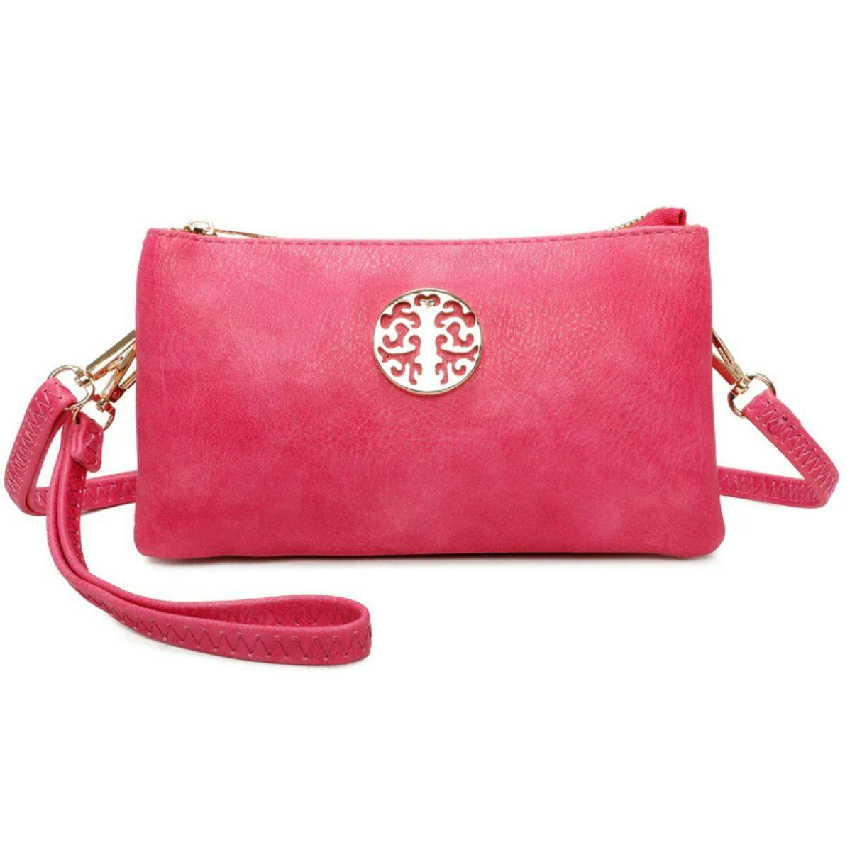 Love Emvy Gold Rustic Tree Collection Crossbody Bag With Clutch Wrist Strap - Fuschia