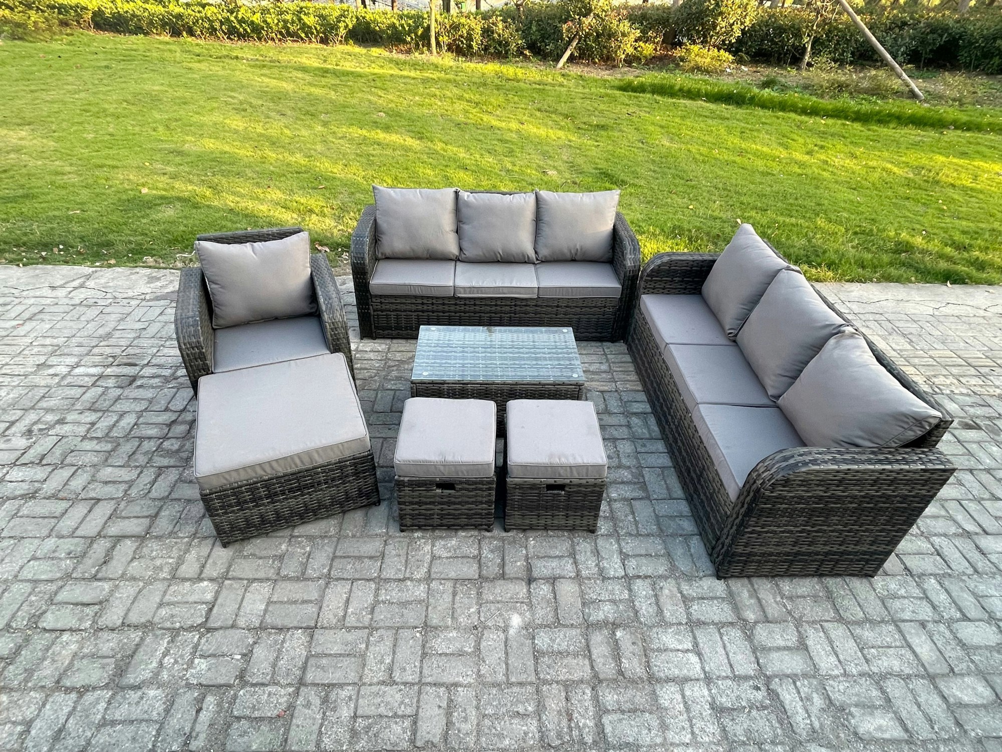 Rackhams Dark/Grey 10 Seater Rattan Lounge Sofa Set Outdoor Garden Furniture Set With Rectangular Coffee Table 3 Seater Sofa 3 Footstools Mixed