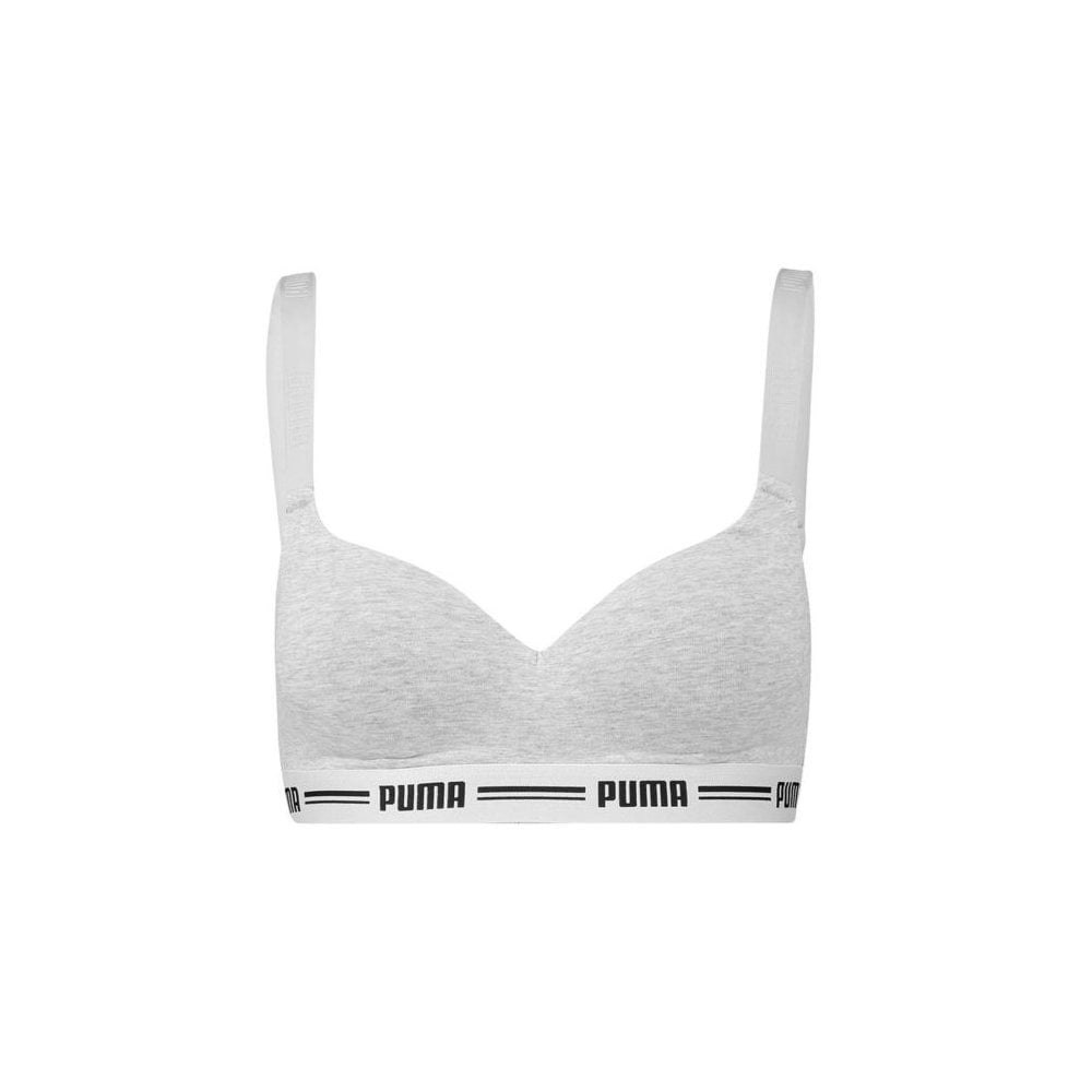 Puma Women's Grey Striped Logo Padded Bra Top, Melange - S