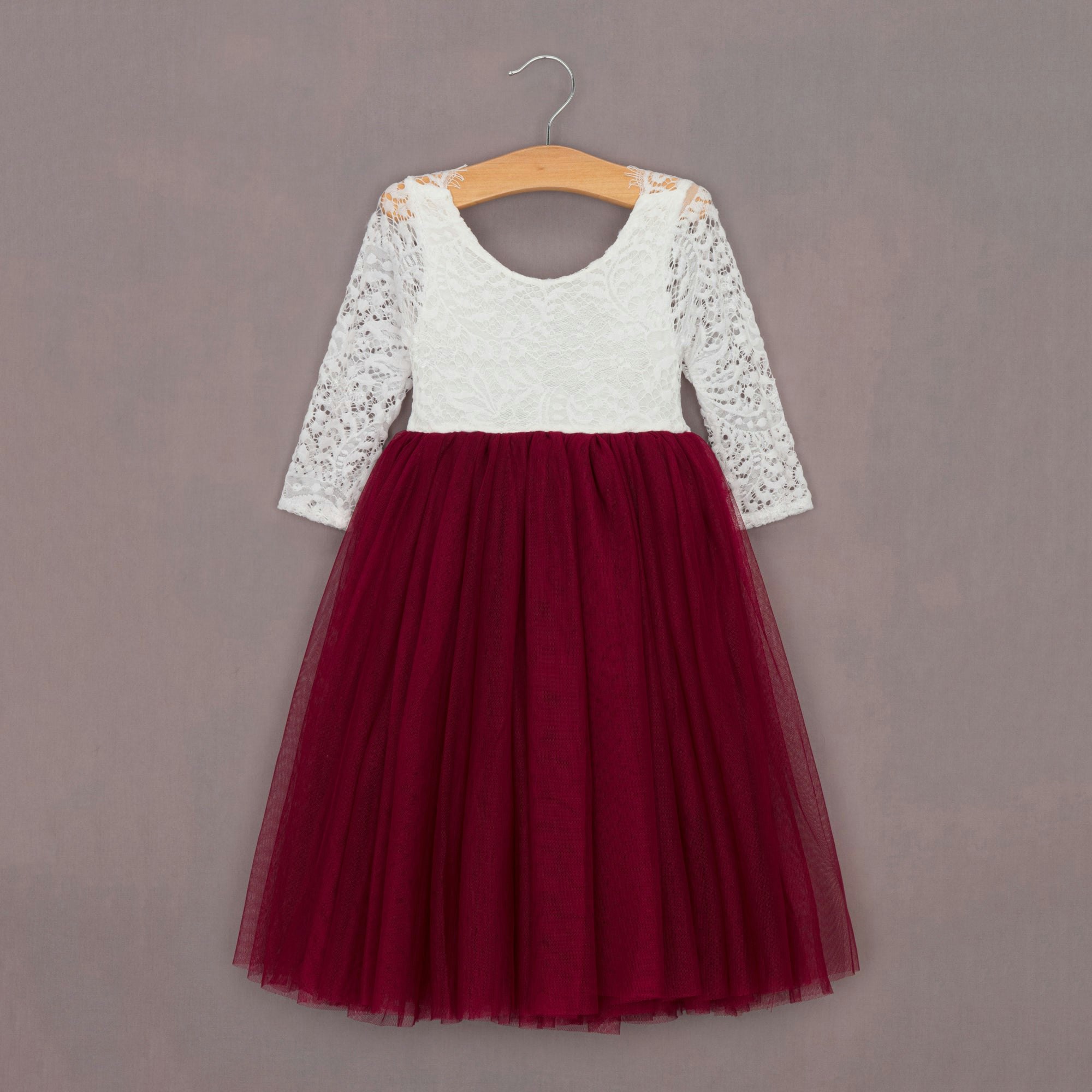 Uk Flower Girl Boutique Girls White/Burgundy Uk Flower Boutique Baby Bohemian Classic Long Sleeve Dress - Wine - 9/10 Years